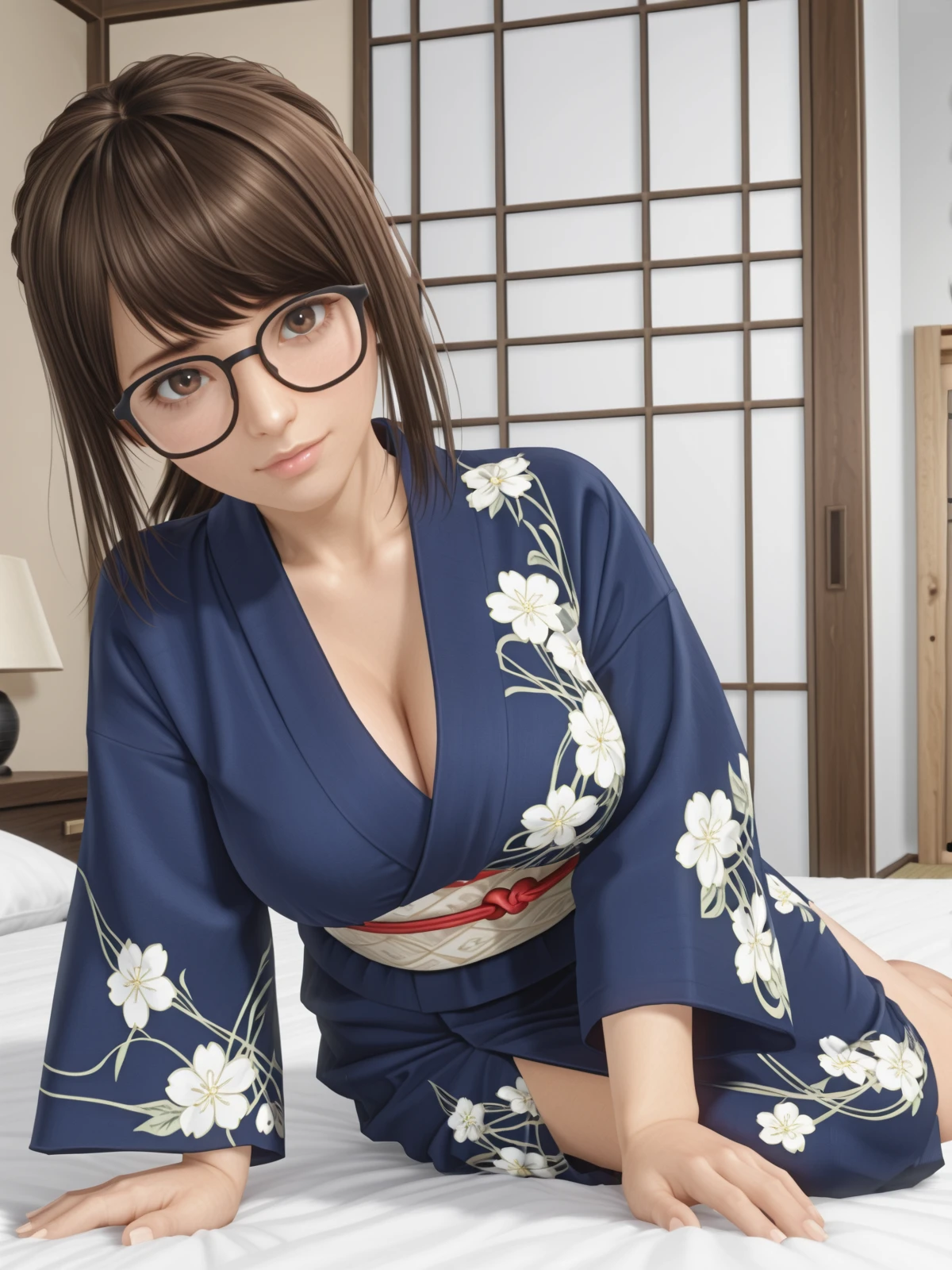 tsukushi \(doax vv\),brown hair,brown eyes,glasses,large breasts,kimono,bedroom,