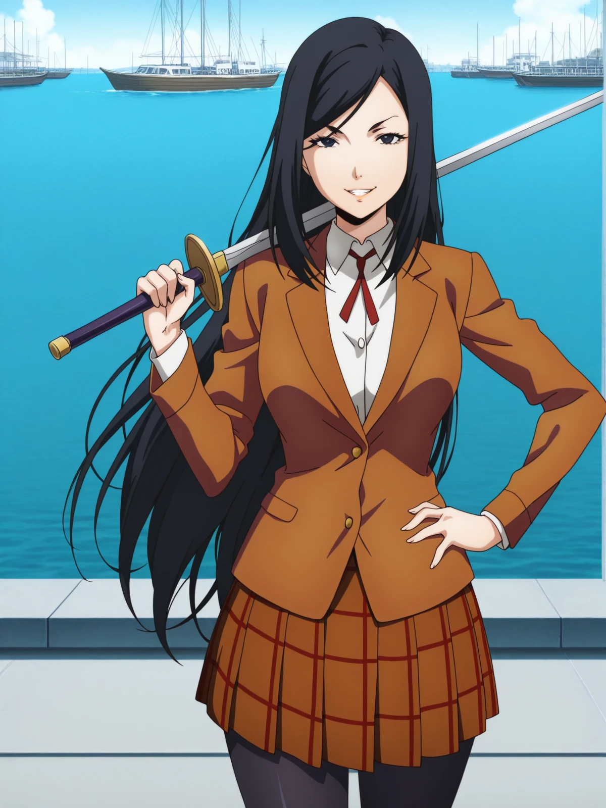 masterpiece, best quality, amazing quality,, <lora:mari-kurihara-s1-illustriousxl-lora-nochekaiser:1>, mari kurihara, long hair, black hair, black eyes, mature female, medium breasts, anime screencap, skirt, jacket, pantyhose, plaid, plaid skirt, blazer,, <lora:sword-over-shoulder-illustriousxl-lora-nochekaiser:1>, sword over shoulder, weapon over shoulder, holding, holding sword, holding weapon, sword, hand on own hip, grin, looking at viewer,, harbor, boats, water, dock, trade, cowboy shot, solo, looking at viewer,