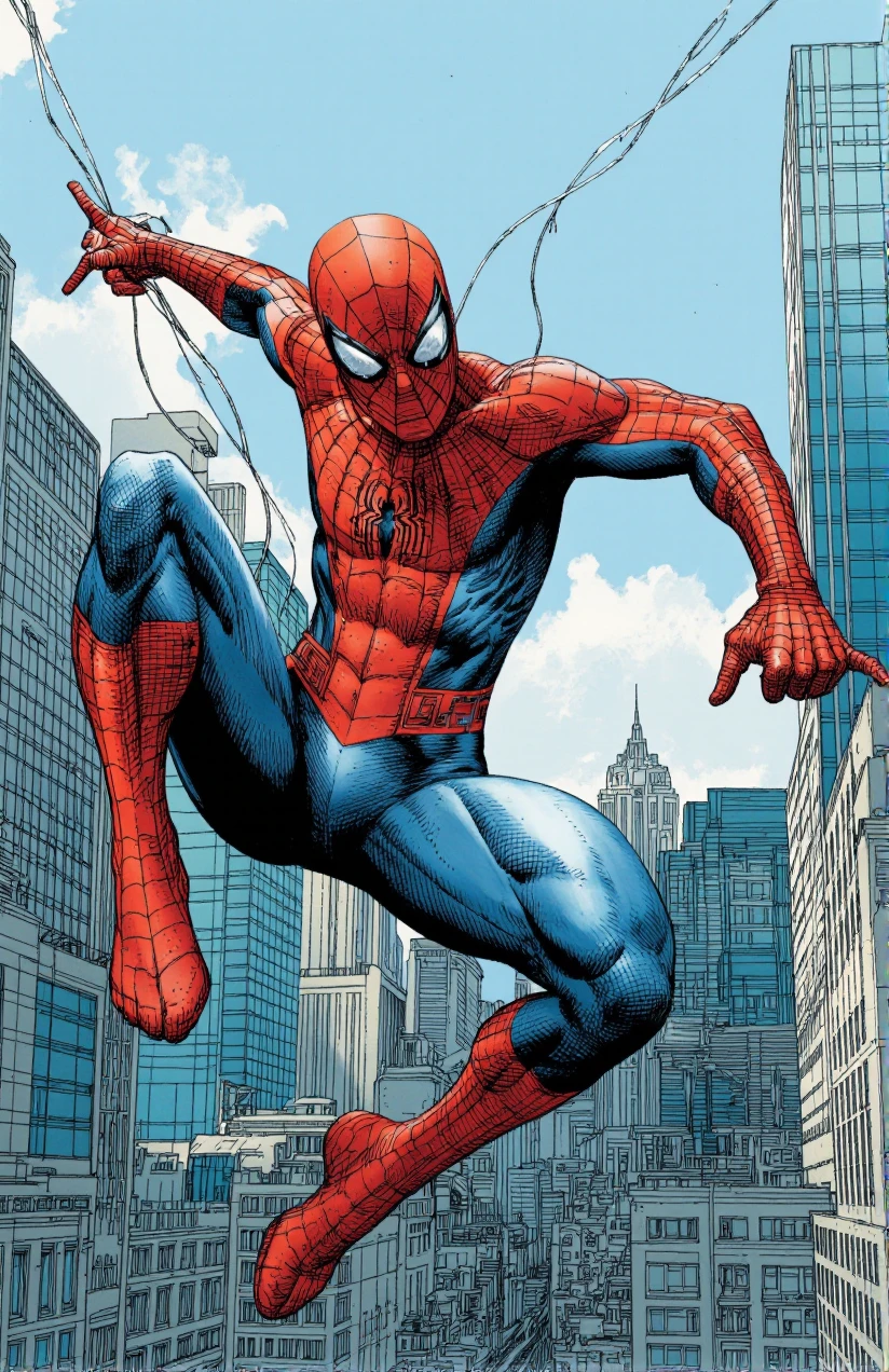 RyOtt style. A highly detailed, vibrant comic book-style illustration of Spider-Man in his iconic red and blue suit, flying through the air with a futuristic cityscape in the background. He is in mid-air, with his right arm extended and his left arm extended, holding a string of wires that are suspended in the air. The sky is clear and blue, with a few clouds scattered across it. The cityscape is composed of tall, modern skyscrapers with glass windows, and the artist's signature is visible in the bottom right corner. The artwork has a dynamic and exciting feel to it.