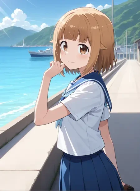 High quality,Ultra detailed,best quality,insanely detailed,beautiful,perfect lighting,masterpiece,highres,absurdres,very aesthetic,very awa,sensitive BREAK
<lora:tsurugi_hina_V1_IL:1>,(tsurugi hina, houkago teibou nisshi, short hair, brown hair, brown eyes, bangs),(summer uniform,sailor collar,neckerchief, white shirt,short sleeves, blue skirt, pleated skirt, white socks,loafers),1girl,solo,smile,looking_at_viewer,posing,day,outdoors,sea,upper body,