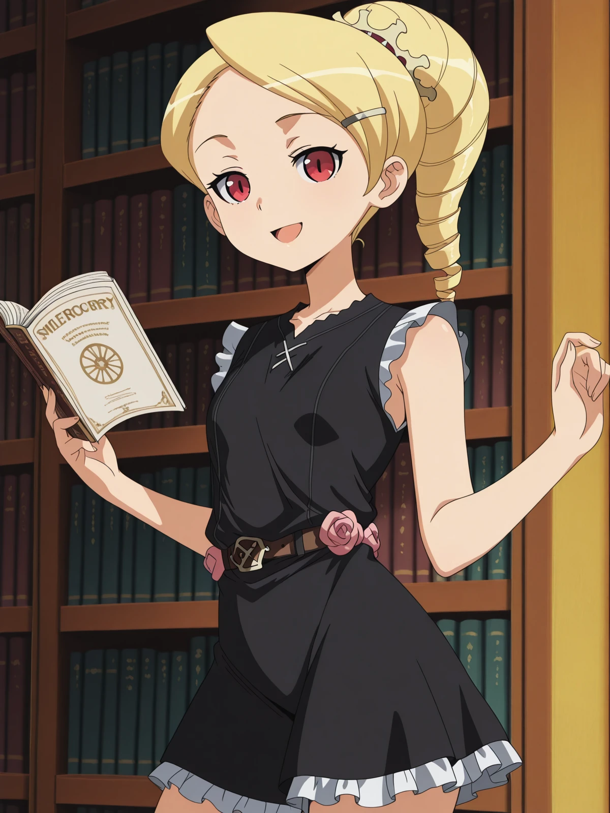 masterpiece, best quality, amazing quality,, <lora:kaibutsuoujo-sherwood-s1-illustriousxl-lora-nochekaiser:1>, sherwood, blonde hair, hair ornament, red eyes, ponytail, hairclip, drill hair, anime screencap, dress, flower, black dress, black dress, skirt, frilled skirt, black skirt, sleeveless, sleeveless dress, <lora:sailormercury-pose-illustriousxl-lora-nochekaiser:1>, sailormercury pose, looking at viewer, solo, smile, open mouth, cowboy shot, hands up,, library, books, shelves, reading, quiet, cowboy shot, solo, looking at viewer,