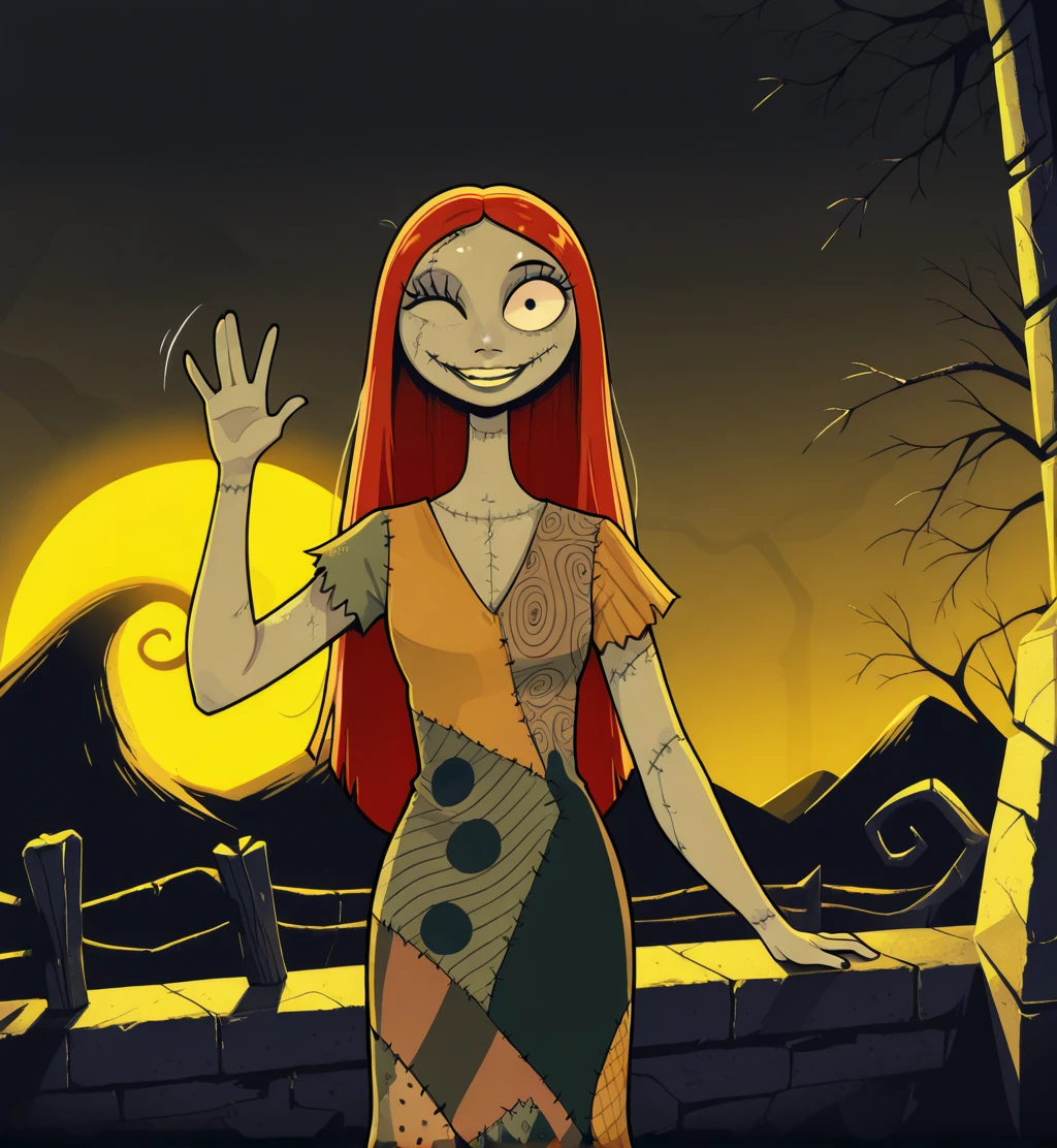 sllyxl, stitches, red hair, black eyes,
dress, smile, looking at viewer, teeth,
standing, hip, waving, wink,
yellow moonlight, night,
clear composition, atmospheric haze, ambient occlusion,
(insanely detailed, masterpiece, best quality), <lora:SallyNBCxl:1>,