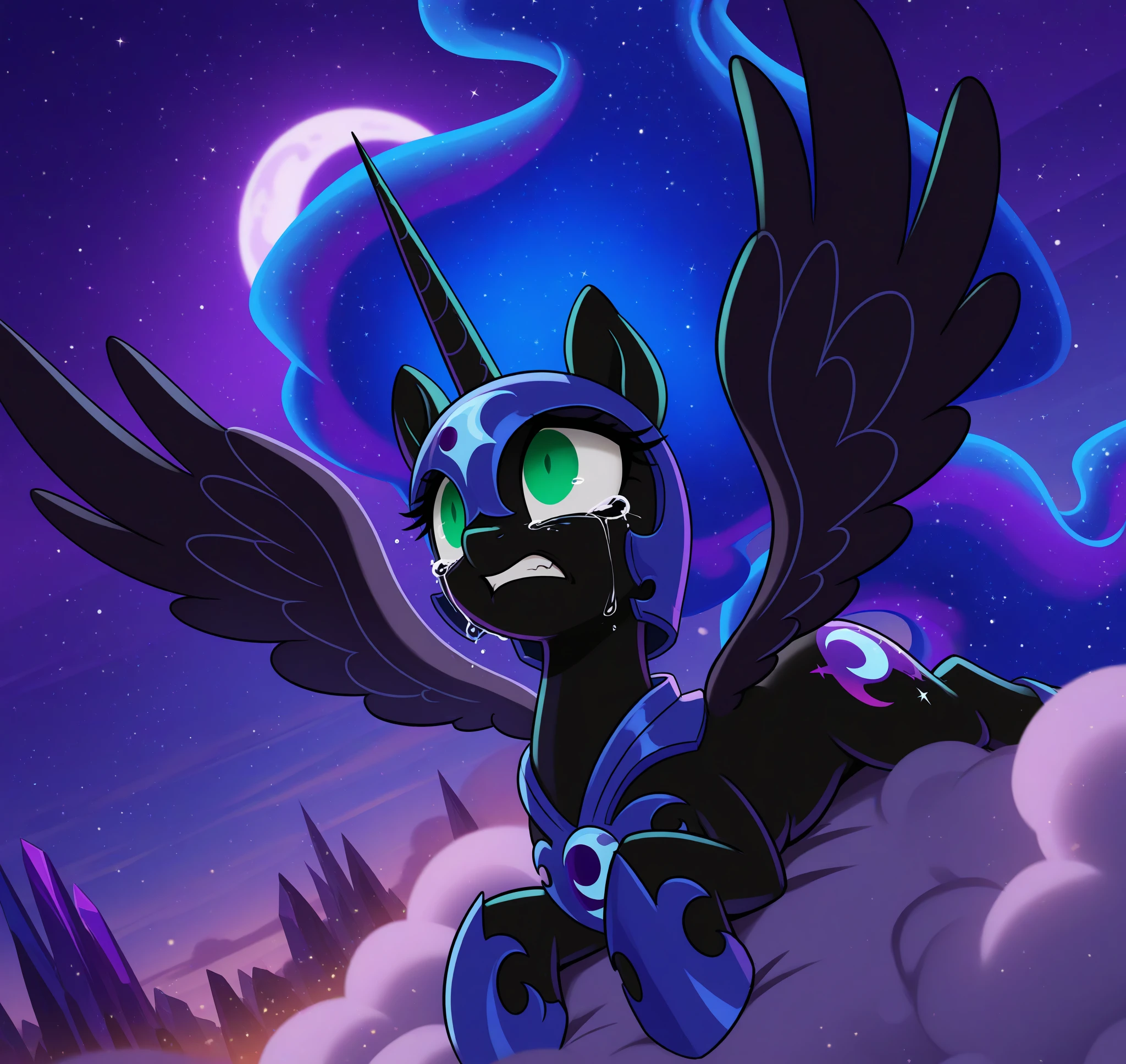 <lora:Light262_Style_Illustrious_r1:0.8> light262, light-cavern, masterpiece, best quality, 2024, 2023, hi res, hasbro, pony, my little pony, nightmare moon, feral, alicorn, feathered wings, wings, helmet, armor, green eyes, cutie mark, lying on a cloud, BREAK detailed background at crystal brighthouse, dutch angle, canted angle, miserable, crying, sunken eyes, slumped posture