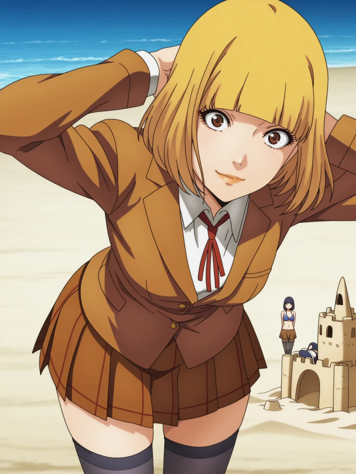 masterpiece, best quality, amazing quality,, <lora:hana-midorikawa-s1-illustriousxl-lora-nochekaiser:1>, hana midorikawa, short hair, bangs, blonde hair, brown eyes, blunt bangs, mature female, small breasts, anime screencap, skirt, shirt, thighhighs, black thighhighs, zettai ryouiki, blazer, brown blazer, brown skirt, leaning forward,, beach, sand castle, swimsuit, summer vacation, ocean wave, hands behind head, cowboy shot, solo, looking at viewer,