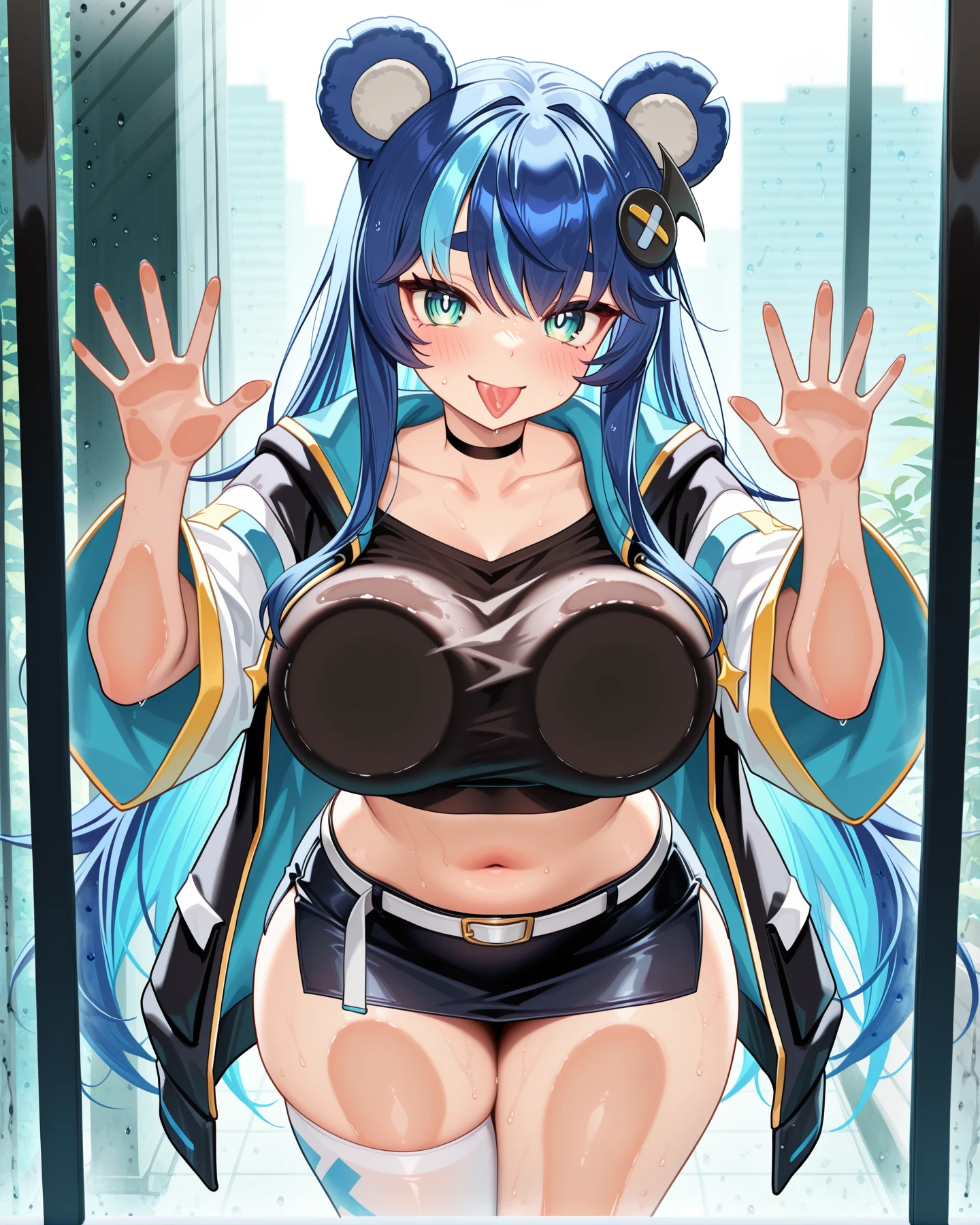 <lora:LECO-mature_female_XL(ill)v11:1> , <lora:Curvier:1>plump, thick thighs, wide hips, curvy,
<lora:Fujikura_UrukaPC:1> FujUka, long hair, blue hair, streaked hair, blue bear ears, sidelocks, hair ornament, cyan colored inner hair, large breasts, collarbone, black shirt, midriff, navel, white belt, pencil skirt, asymmetrical legwear, white single thighhigh, black shoes, black long jacket, two-tone jacket, hood down, white wide sleeves, white long sleeves,
 FAE_BreastsOnGlass, tongue out, licking glass,, IllusP0s, masterpiece, best quality, amazing quality, very aesthetic, absurdres, newest, Smooth_Quality