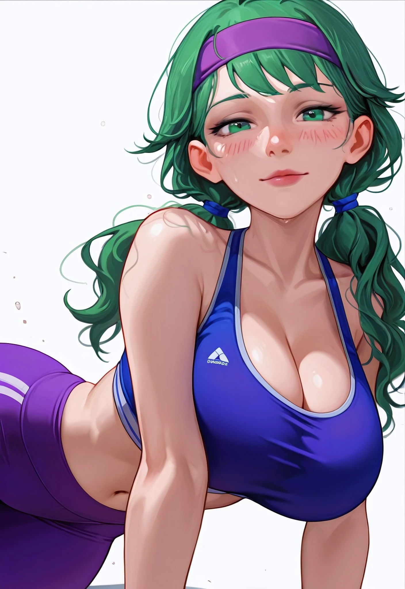 <lora:C4r0l1n3_sdv:1> score_9, score_8_up, score_7_up, score_6_up,  masterpiece, best quality, very awa, beautiful eyes, simple background, white background, upper body,      Dynamic pose, dynamic angle,  
1girl, solo, looking at viewer, light smile,     
caroline_sdv, green eyes, green hair, low-tied twintails, blue hair ties, blush, lipstick, 
mature female, , cleavage, midriff, navel, 
purple hairband, blue sports bra, purple yoga pants, 
Feet out of frame, 