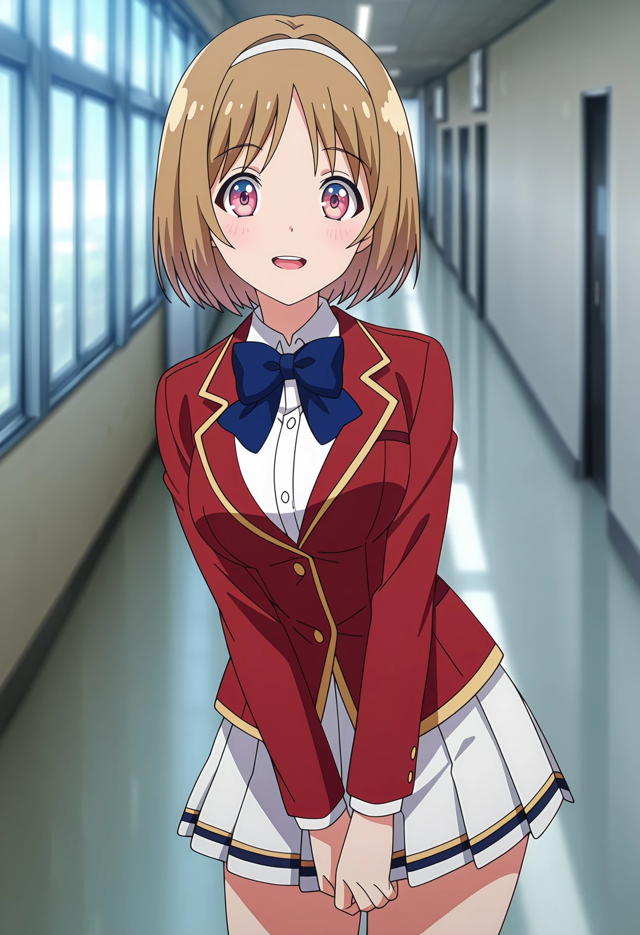 anime screencap, masterpiece, best quality,
1girl, solo, open mouth, light smile, blush, upper teeth only,
short hair, brown hair, multicolored eyes, blue eyes, pink eyes, white hairband,
blazer, red jacket, collared shirt, white shirt, blue bowtie, long sleeves, miniskirt, pleated skirt, white skirt,
v arms, leaning to the side, standing, looking at viewer, cowboy shot,
hallway, photo background, blurry background
<lora:ClassroomOfTheElite_KushidaKikyo_IlluXL:0.9>