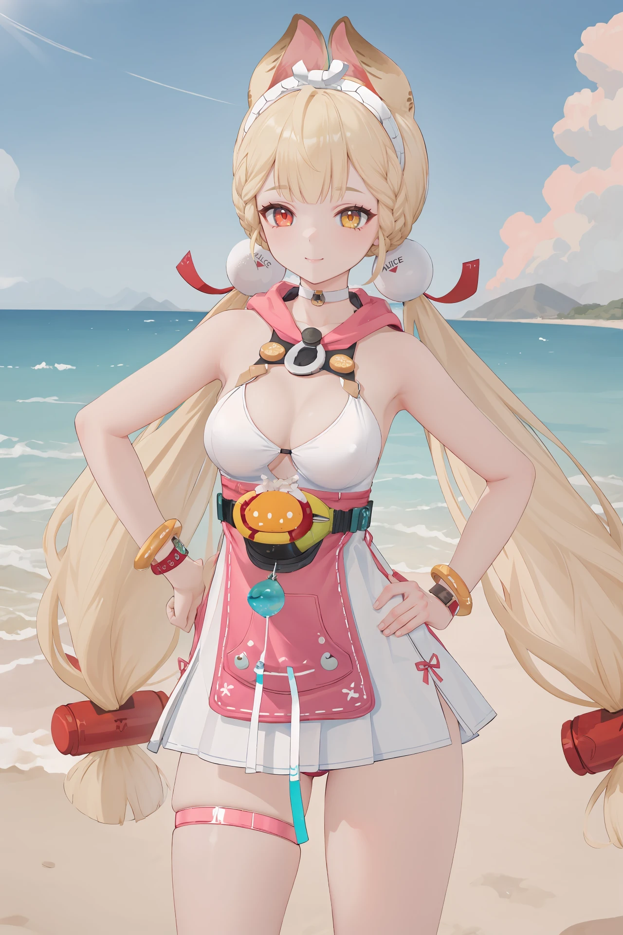 (best quality, masterpiece:1.2),  <lora:Char-ZZZ-Alice-V1-SD1.5:0.9:hr=0.6>, 1girl, alice thymefield, heterochromia, solo, braided bangs, twintails, hair bobbles, white hairband, white choker, pink hood, dress swimsuit, utility belt, bracelet, wristwatch, thigh strap, hand on hip, looking at viewer, smile, standing, contrapposto, cowboy shot, outdoors, beach, ocean, blue sky, cumulonimbus cloud, depth of field, depth of field
