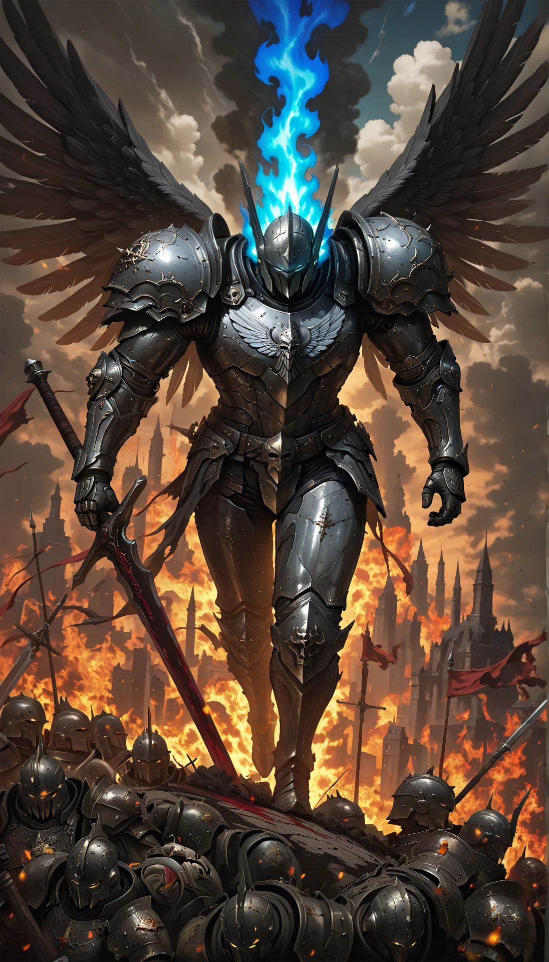 amazing quality, film grain, realistic, (cinematic:1.3), textured sketch, 1 man, solo, full power armor, muscular, heroic male knight, blue glowing accents on armor, dark silver and steel tones, misty steam rising from helmet vents, epic battlefield, standing atop a pile of bodies, dead warriors beneath him, broken weapons, smoke and fire in the background, blood-soaked ground, tattered banners, dramatic lighting, glowing embers in the air, glowing runes, heavy warhammer held in hand, dynamic heroic pose, detailed textures, realistic shading, dutch angle, view from above, atmospheric fog, epic and cinematic composition, fantasy digital painting, high detail, fantasy genre, anime-influenced realism, professional art, eps, armor, fire, blood,
A futuristic cityscape with a large robot in the center. the robot is made up of multiple arms and legs, and it appears to be in a battle-ready stance. the background is filled with smoke and flames, creating a chaotic and intense atmosphere. in the foreground, there are several smaller robots scattered around the city, some of which appear to be attacking the robot. the robots are made of metal and have intricate designs on their bodies. they are holding weapons and shields, suggesting that they are ready for battle. the overall mood of the image is tense and action-packed, conveying a sense of danger and destruction.
masterpiece, best quality, very aesthetic, absurdres
<lora:hinaIllustrious2ArmorMix_v13:0.7>