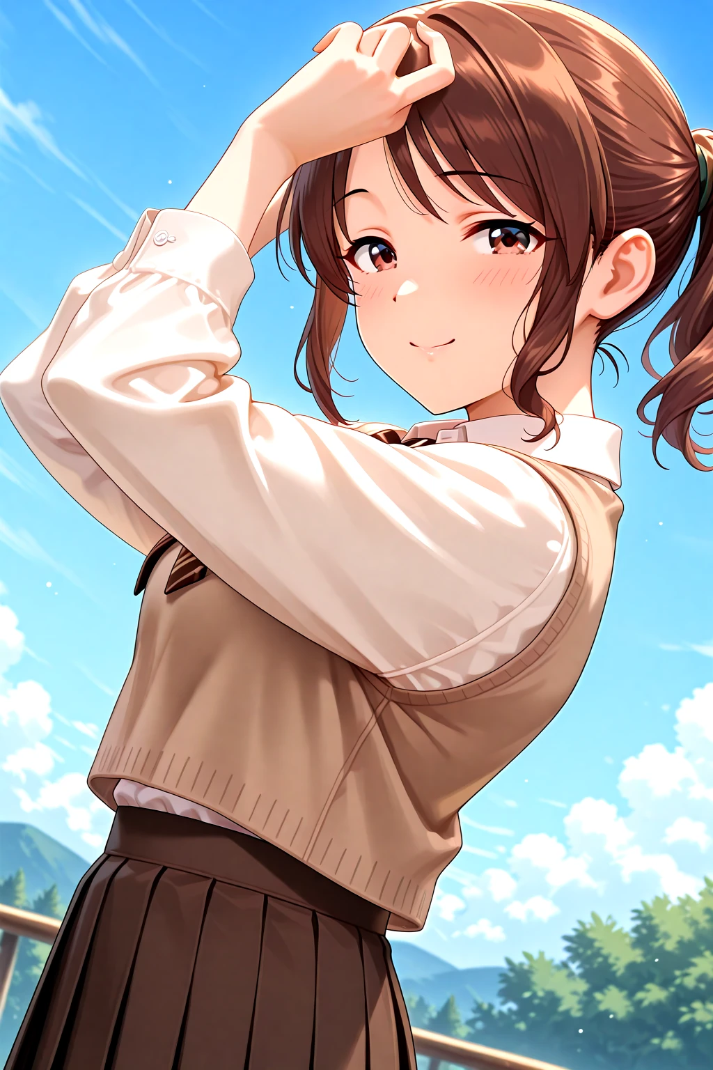 masterpiece, best quality, amazing quality, 1girl, solo, makeup, general, cowboy shot, looking at viewer, blush, dramatic angle, smile, shy, outdoors, sky, from side, arms up, <lora:Mifune_Miyu_Cinderella:1>, Mifune_Miyu_Cinderella, brown hair, brown eyes, breasts, ponytail, sidelocks, <lora:Brown_Schooluniform:1>, Brown_Schooluniform, white collared shirt, brown pleated skirt, long sleeves, school uniform, brown vest, brown bowtie, striped bowtie, white socks, <lora:wai-A3-V140:1>, <lora:illustrious_noobai_epsilon_pred_1_masterpieces_v1:1>