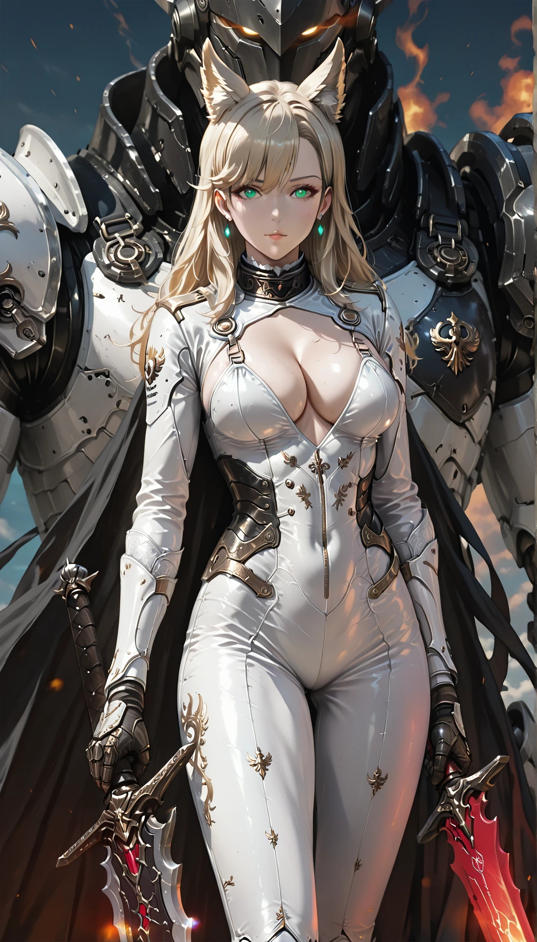 masterpieces, holding sliver sword, robot, mecha, green eyes, solo, cleavage, breasts, gauntlets, shoulder armor, looking at viewer, standing, bodysuit, medium breasts, cowboy shot, (in the dark:1.1), (deep shadow:1.1), (low key:1.1), (cold light:1.1), exquisite and clear, beautiful face, earrings, fantasy white armor, sliver sword \(armor\), holding, jewelry, atago azur lane \(cosplay\), blonde hair, science fiction, glowing eyes, glowing, shadow, weapon, pauldrons, armor, cosplay, white bodysuit,
A female character from the video game overwatch. she is wearing a white and black outfit with intricate details on her body and arms. the outfit has a high neckline and long sleeves, and she is holding a large sword in her right hand. the sword has a pointed tip and a curved blade. the background is dark blue with small white dots scattered throughout. the character's face is partially obscured by the sword, and her eyes are glowing red. the overall mood of the image is intense and powerful.
best quality, highres
<lora:hinaIllustrious2ArmorMix_v13:0.8>