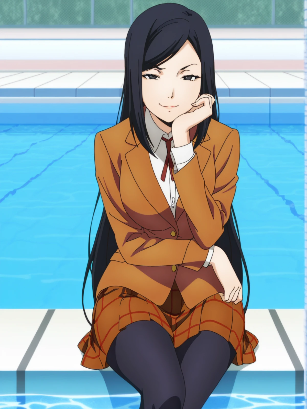 masterpiece, best quality, amazing quality,, <lora:mari-kurihara-s1-illustriousxl-lora-nochekaiser:1>, mari kurihara, long hair, black hair, black eyes, mature female, medium breasts, anime screencap, skirt, jacket, pantyhose, plaid, plaid skirt, blazer,, head rest, smug, pool, water, swim, float, poolside, cowboy shot, solo, looking at viewer,