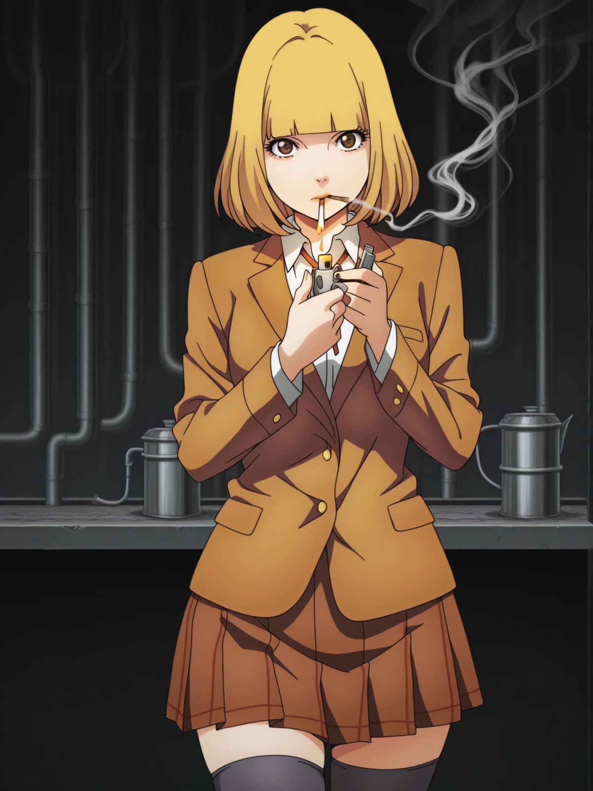 masterpiece, best quality, amazing quality,, <lora:hana-midorikawa-s1-illustriousxl-lora-nochekaiser:1>, hana midorikawa, short hair, bangs, blonde hair, brown eyes, blunt bangs, mature female, small breasts, anime screencap, skirt, shirt, thighhighs, black thighhighs, zettai ryouiki, blazer, brown blazer, brown skirt, <lora:lighting-cigarette-illustriousxl-lora-nochekaiser:1>, lighting cigarette, lighter, holding lighter, cigarette, smoking, fire, smoke, holding, cowboy shot, refinery, pipes, smoke, metal, oil, cowboy shot, solo, looking at viewer,