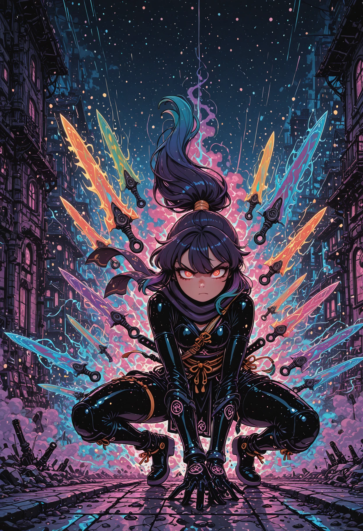 masterpiece, best quality, NewToonCore, crazy anime ninja girl, glowing throwing knives, rainbow color weapons, reverse rainbow, magical kunai, dynamic battle pose, crouching throw stance, glowing eyes, colorful trails, magical throwing weapons, explosive colors, anime style, urban rooftop, night battle, prism light, energy motion blur, sharp expression, glowing outfit details, colorful sash, chaotic magic, rainbow energy, cinematic lighting, epic pose, high detail, particles in air, high speed action, intense focus, neon background