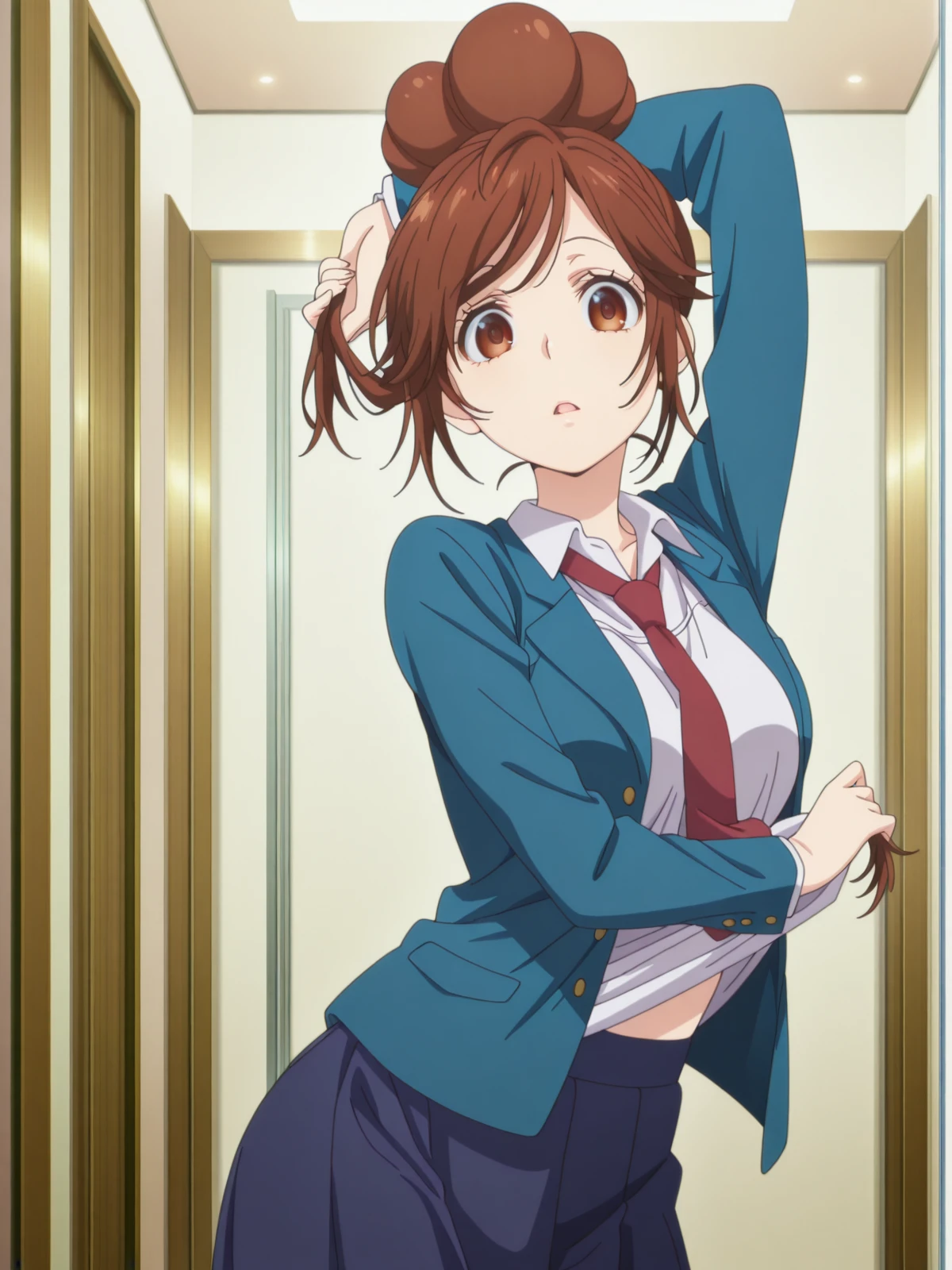 masterpiece, best quality, amazing quality,, <lora:natsuki-enomoto-movie-illustriousxl-lora-nochekaiser:1>, natsuki enomoto, short hair, brown hair, brown eyes, hair bun, single hair bun, swept bangs, mature female, medium breasts, anime screencap, skirt, jacket, pleated skirt, necktie, blazer, blue blazer, shirt, white shirt, collared shirt, red necktie, blue skirt,, <lora:senjougaharahitagi-arm-up-pose-illustriousxl-lora-nochekaiser:1>, senjougaharahitagi arm up pose, solo, looking at viewer, open mouth, cowboy shot, parted lips, arm up, shirt lift, holding hair,, fitting room, mirror, clothes, privacy, store, cowboy shot, solo, looking at viewer,