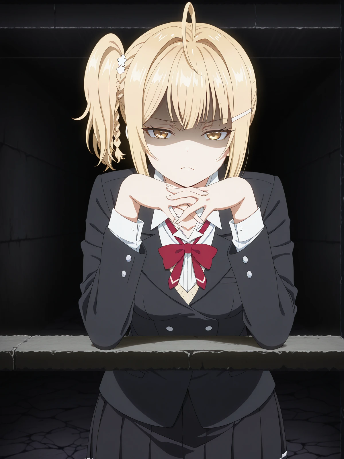 masterpiece, best quality, amazing quality,, <lora:nonoa-miyamae-s1-illustriousxl-lora-nochekaiser:1>, nonoa miyamae, blonde hair, short hair, side ponytail, one side up, braid, hair ornament, yellow eyes, ahoge, hair clip, hair intakes, mature female, small breasts, anime screencap, shirt, bow, jacket, white shirt, collared shirt, bowtie, red bow, blazer, red bowtie, black skirt, pleated skirt,, <lora:gendou-pose-illustriousxl-lora-nochekaiser:1>, gendou pose, own hands clasped, own hands together, parody, shaded face, looking at viewer, frown, elbow rest,, bunker, underground, secure, concrete, dark, cowboy shot, solo, looking at viewer,