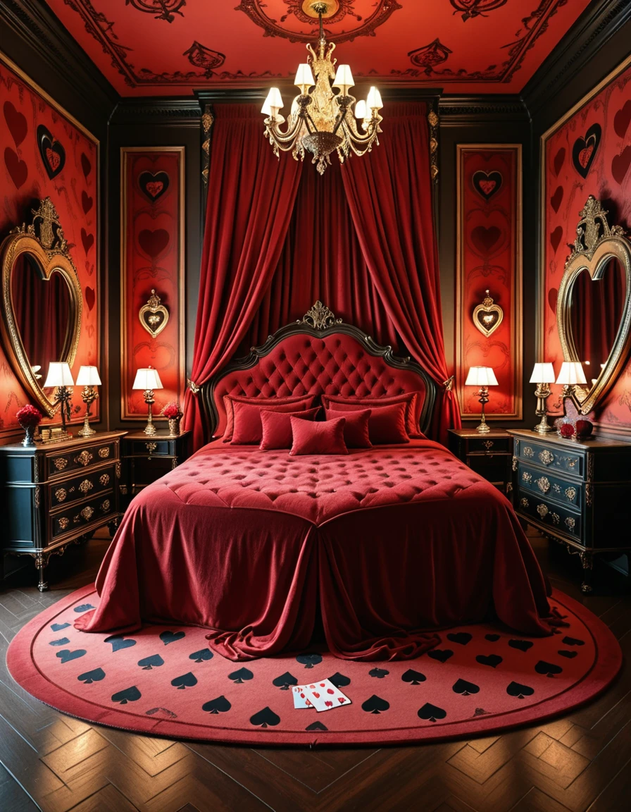 The lavish and eccentric bedroom of the Queen of Hearts, inspired by Alice in Wonderland, decorated in bold shades of red, black, and gold. At the center, a grand heart-shaped bed draped in velvet and silk dominates the room, surrounded by ornate furniture with heart motifs carved into the wood. Playing card symbols adorn the walls and floor, while oversized heart-shaped mirrors and gilded chandeliers reflect the warm crimson glow of candlelight. The atmosphere is whimsical, regal, and slightly menacing, filled with fantasy and extravagance, completely empty of people.bedroom of the Queen of H34rts <lora:bedroom_of_the_Queen_of_H34rts-i:1>, Masterpiece,best quality,hi res,8k,hi res,8k,award winning,(sharp focus, intricate, highly detailed),