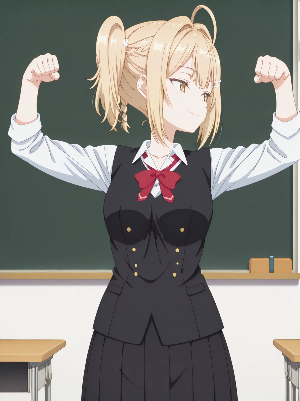 masterpiece, best quality, amazing quality,, <lora:nonoa-miyamae-s1-illustriousxl-lora-nochekaiser:1>, nonoa miyamae, blonde hair, short hair, side ponytail, one side up, braid, hair ornament, yellow eyes, ahoge, hair clip, hair intakes, mature female, small breasts, anime screencap, shirt, bow, jacket, white shirt, collared shirt, bowtie, red bow, blazer, red bowtie, black skirt, pleated skirt,, <lora:archer-pose-illustriousxl-lora-nochekaiser:1>, archer pose, solo, smile, looking to the side, arms up, hands up,, classroom, desks, chalkboard, students, teacher, cowboy shot, solo, looking at viewer, <lora:transparent-background-illustriousxl-lora-nochekaiser:1>, transparent background, simple background, white background