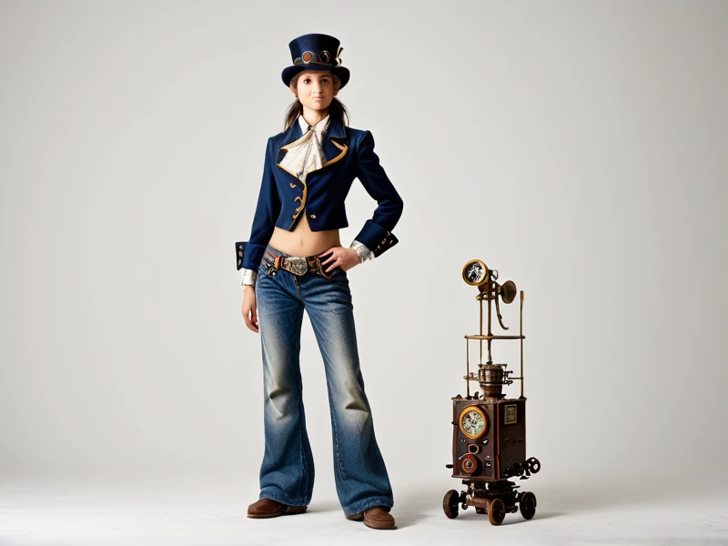 digital drwaing, concept-art, young woman, low_waist_jeans, standing near a steampunk radio, teslapunkai, Radio , slick, dirigible
