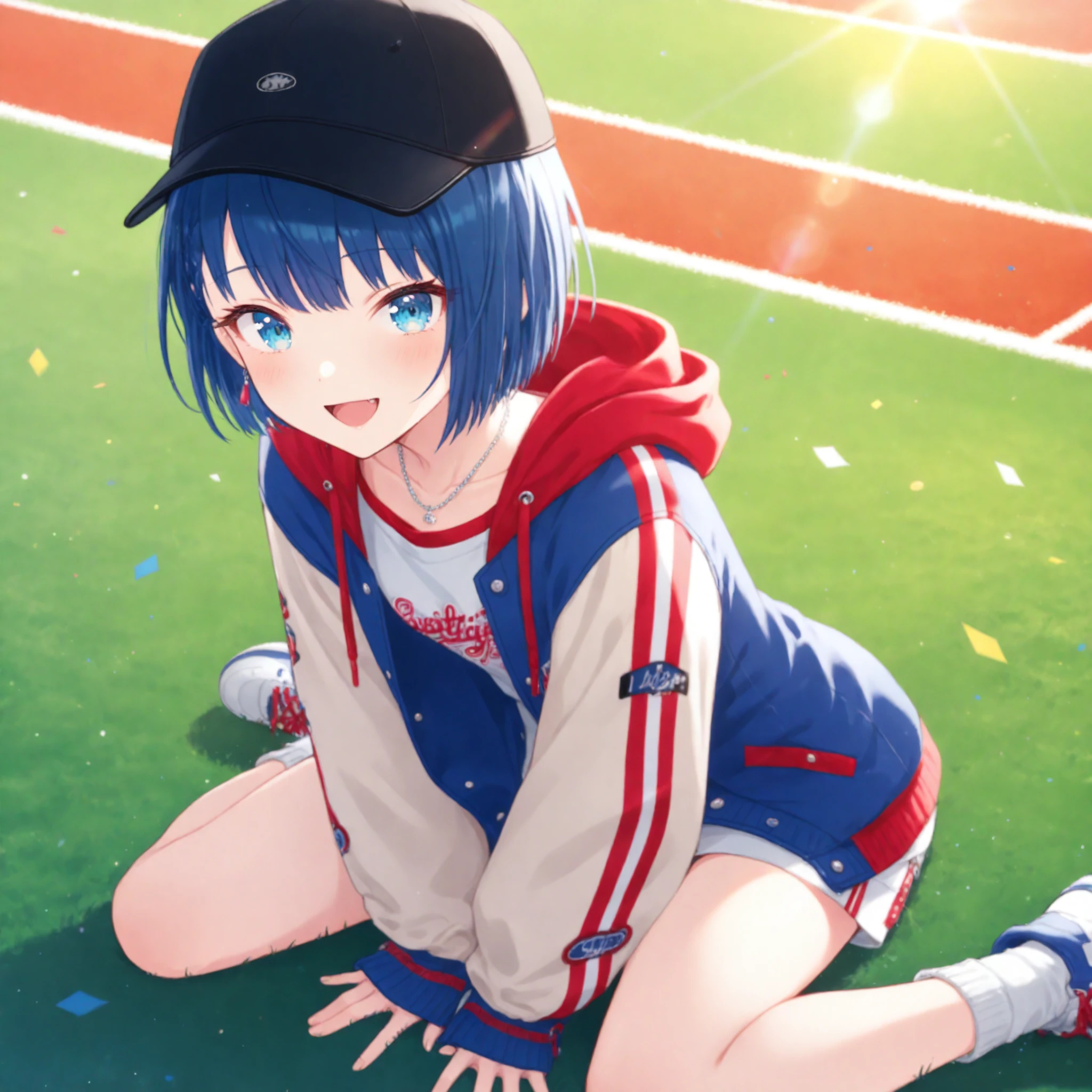 1girl, kiritani haruka, project sekai, solo, from above,
tightplayer, blue eyes, four fingers and thumb,
(looking at viewer:1.2), :D, sitting, wariza, leaning forward, hands between legs,
baseball cap, black headwear, long sleeves, necklace, hoodie, open clothes, shirt, drawstring, sleeves past wrists, collarbone, multicolored jacket, hooded jacket, hood down, open jacket,
outdoors, day, sunlight, beautiful blue sky, athletics stadium,
nijistyle, jwst, masterpiece, amazing quality, very aesthetic, highres, ultra detailed,
<lora:hand 5.5:1>, <lora:IL-style-nijistyle02:0.6>, <lora:IL-style-JWST02:0.4>,
<lora:IL-mmj-TightPlayer01:0.6>