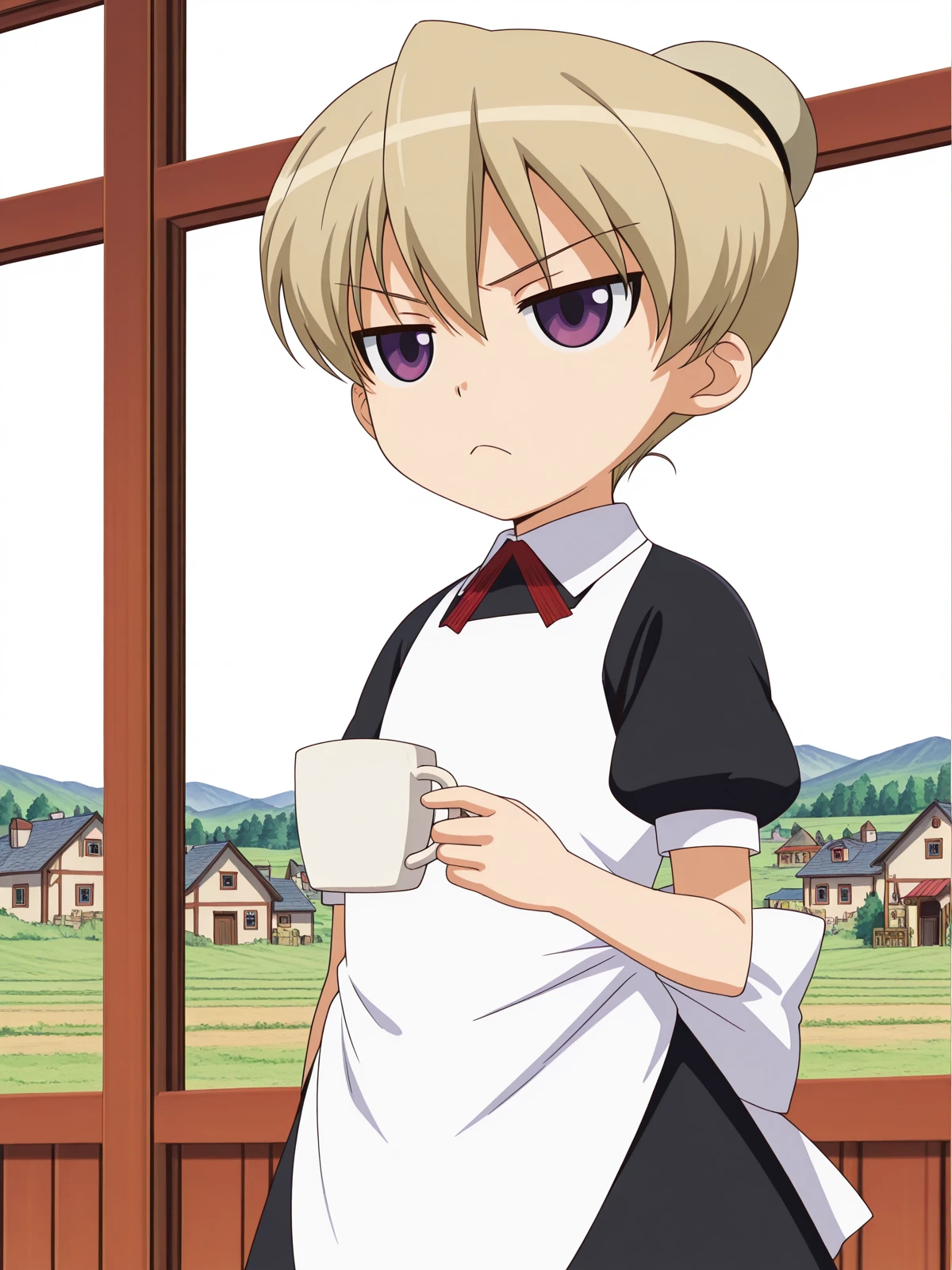 masterpiece, best quality, amazing quality,, <lora:kaibutsuoujo-flandre-s1-illustriousxl-lora-nochekaiser:1>, flandre, short hair, blonde hair, purple eyes, hair bun, anime screencap, apron, maid,, <lora:shinji-holding-a-mug-illustriousxl-lora-nochekaiser:1>, shinji holding a mug, holding, cup, frown, holding cup, mug, indoors, solo, rural, fields, houses, countryside, quiet, cowboy shot, solo, looking at viewer, <lora:transparent-background-illustriousxl-lora-nochekaiser:1>, transparent background, simple background, white background