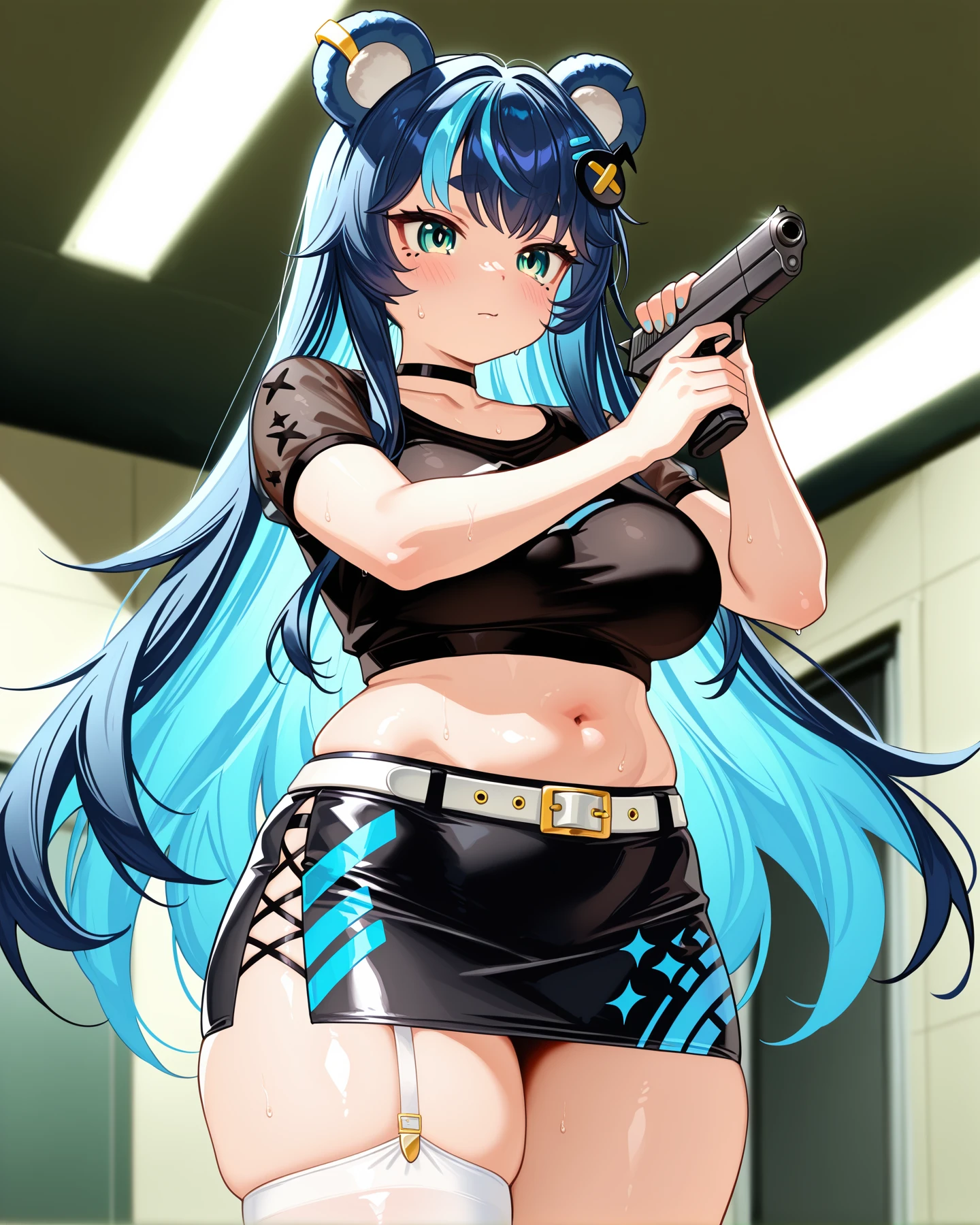 <lora:LECO-mature_female_XL(ill)v11:1> , <lora:Curvier:1>plump, thick thighs, wide hips, curvy,
 <lora:Fujikura_UrukaPC:1> FujUka, long hair, blue hair, streaked hair, blue bear ears, sidelocks, black hair ornament, cyan colored inner hair, large breasts, choker, collarbone, black shirt, midriff, navel, white belt, black pencil skirt, print skirt, asymmetrical legwear, white single thighhigh, single garter strap, black shoes, see-through short sleeves, 
 <lora:Im_a_healer_but_meme:1> holding gun, handgun, trigger discipline, upper body, indoors,, IllusP0s, masterpiece, best quality, amazing quality, very aesthetic, absurdres, newest, Smooth_Quality