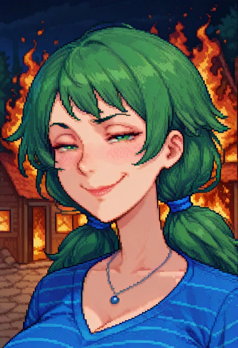 monopixel_portrait, pixel art, pixel, 64x64, 64x64, clean pixel art, sharp pixels, pixelated, square pixels, limited color palette,
masterpiece, best quality, amazing quality, newest, very awa, beautiful eyes, 1girl, solo, face focus, Portrait,
caroline_sdv, green eyes, green hair, low-tied twintails, blue hair ties, necklace, jewelry, blue striped shirt, large breasts, mature female, blush, lipstick, short sleeves,
<lora:disaster-girl-illustriousxl-lora-nochekaiser:1>, disaster girl, disaster girl (meme), solo, looking at viewer, smile, closed mouth, upper body, blurry, blurry background, night, depth of field, half-closed eyes, parody, fire, meme, smug, burning house,, , ,