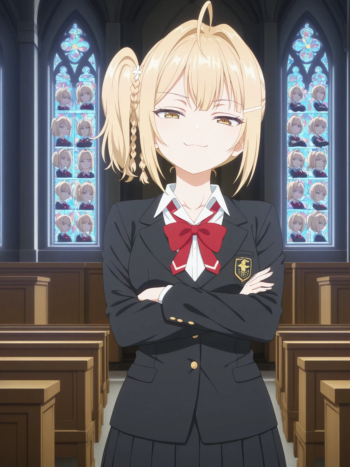 masterpiece, best quality, amazing quality,, <lora:nonoa-miyamae-s1-illustriousxl-lora-nochekaiser:1>, nonoa miyamae, blonde hair, short hair, side ponytail, one side up, braid, hair ornament, yellow eyes, ahoge, hair clip, hair intakes, mature female, small breasts, anime screencap, shirt, bow, jacket, white shirt, collared shirt, bowtie, red bow, blazer, red bowtie, black skirt, pleated skirt,, crossed arms, smug, church, steeple, pews, altar, holy, cowboy shot, solo, looking at viewer,