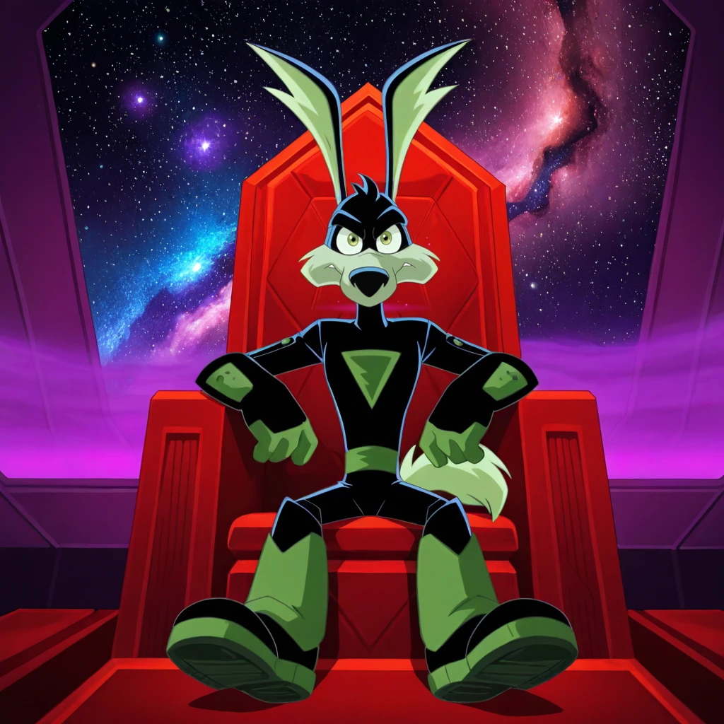 <lora:Tech_E_coyote_V2:1> Techcoyote, 1boy, bodysuit, boots, looking at viewer, sitting, red throne, red fog, purple fog, space background, stars, galaxy, abstract background, masterpiece