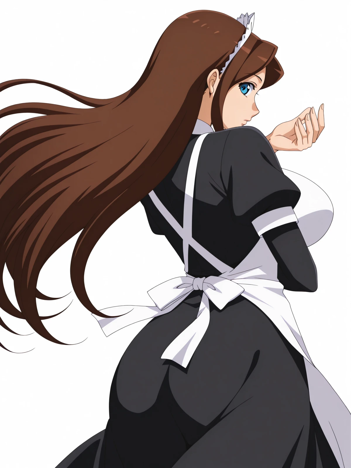 masterpiece, best quality, amazing quality,, <lora:sawawa-hiyorimi-s1-illustriousxl-lora-nochekaiser:1>, sawawa hiyorimi, long hair, brown hair, blue eyes, mature female, large breasts, anime screencap, pantyhose, apron, maid, maid headdress,, <lora:dio-brandos-pose-illustriousxl-lora-nochekaiser:1>, dio brandos pose, dio brando's pose (jojo), from behind, jojo pose, standing, cowboy shot, road, cars, asphalt, travel, speed, cowboy shot, solo, looking at viewer, <lora:transparent-background-illustriousxl-lora-nochekaiser:1>, transparent background, simple background, white background