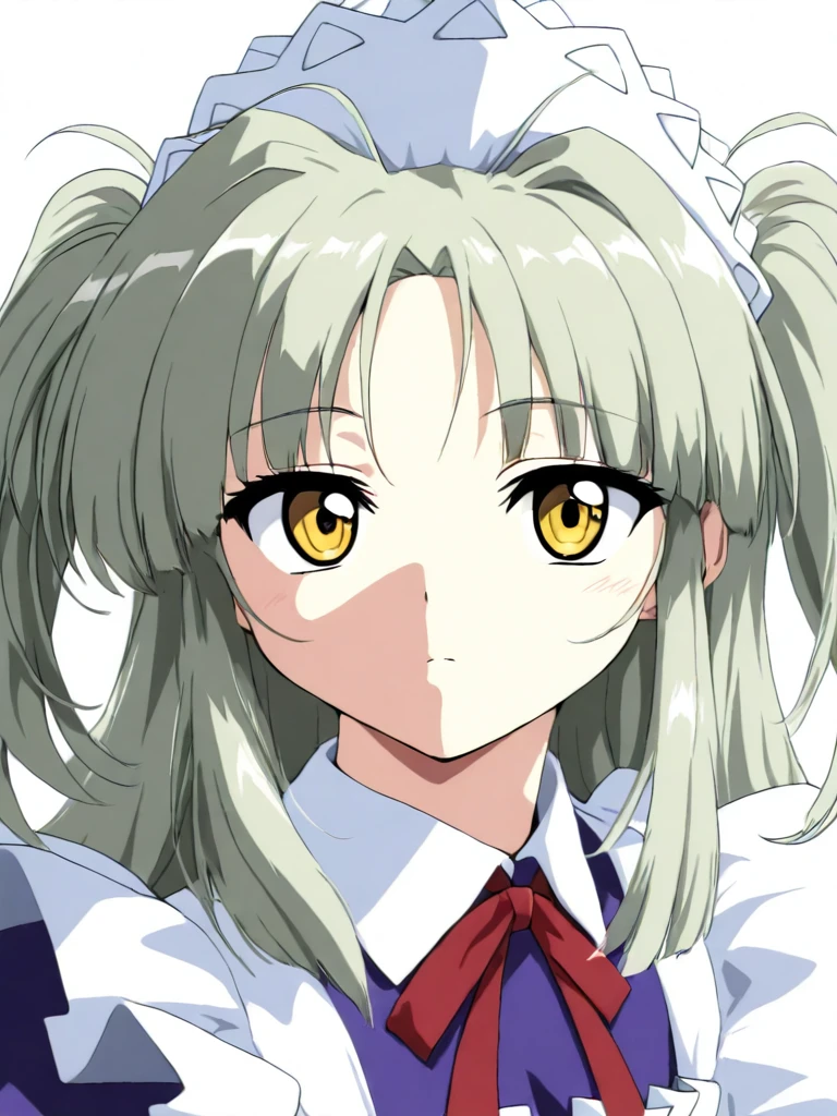 masterpiece,high score,great score,absurdres,solo,looking at viewer,portrait,white background,<lora:MyleneTrantoul ag4o:1> mylenetrantoul, grey hair, two side up, yellow eyes,maid headdress,maid,