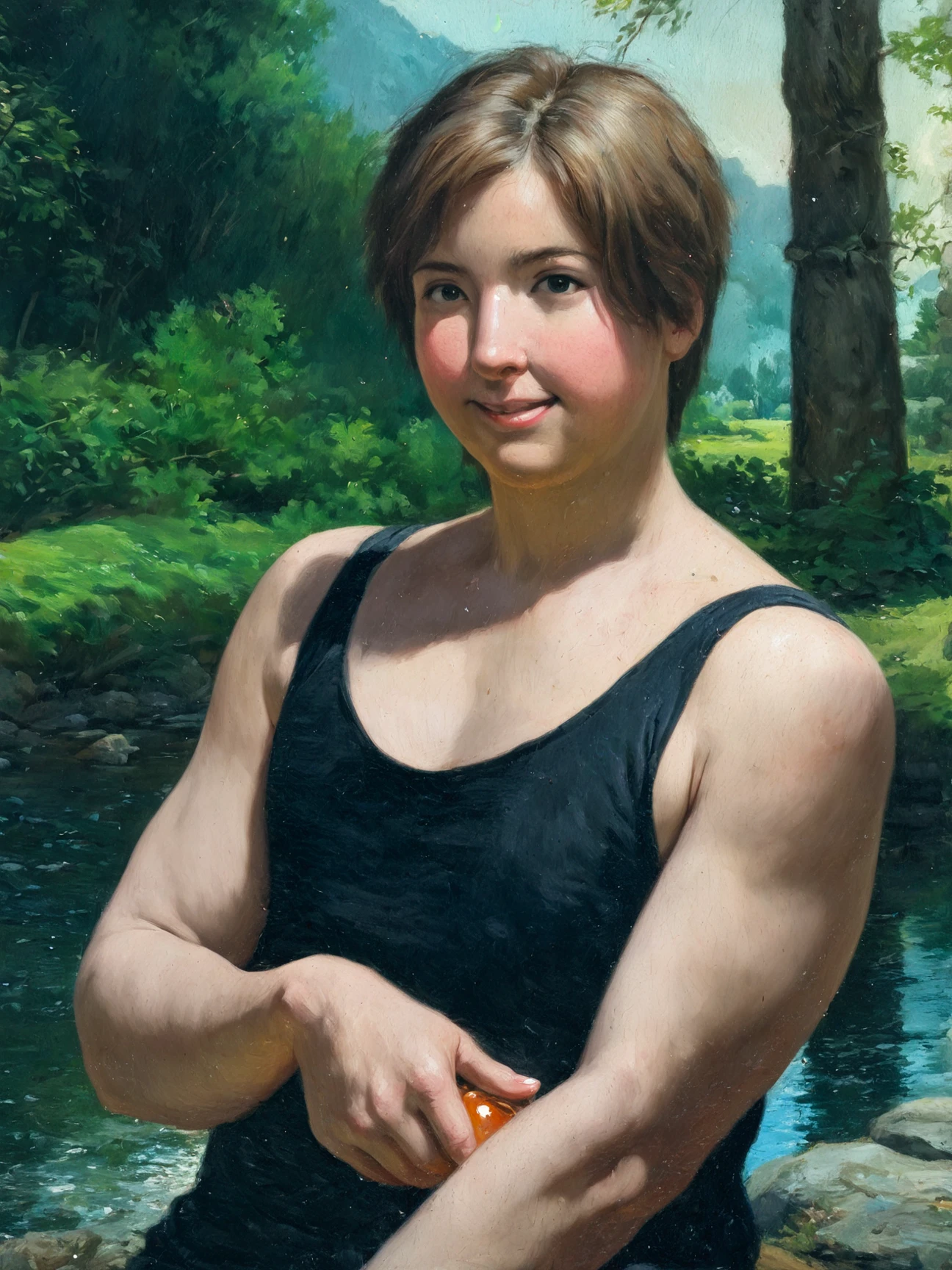 masterpiece, best quality, absurdres, highres, safe, 1boy, solo, smile, black singlet, nature, oil painting, traditional medium