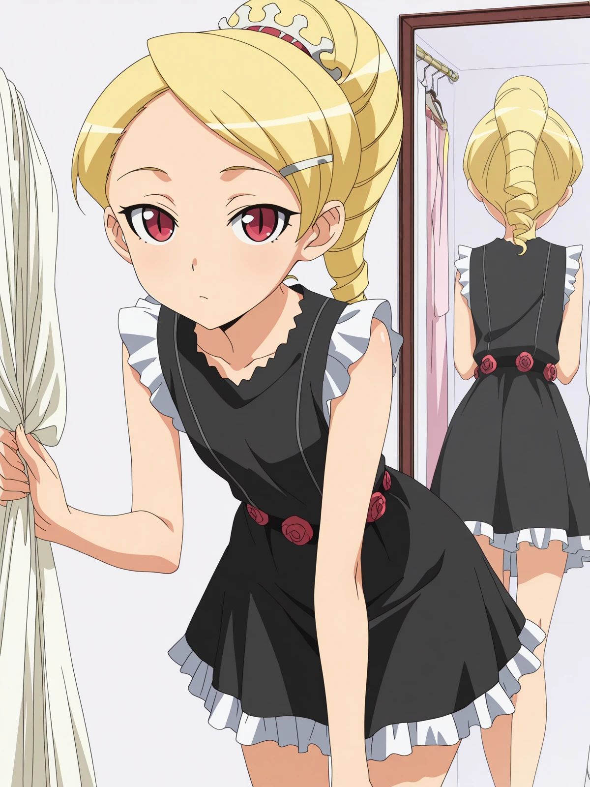 masterpiece, best quality, amazing quality,, <lora:kaibutsuoujo-sherwood-s1-illustriousxl-lora-nochekaiser:1>, sherwood, blonde hair, hair ornament, red eyes, ponytail, hairclip, drill hair, anime screencap, dress, flower, black dress, black dress, skirt, frilled skirt, black skirt, sleeveless, sleeveless dress, leaning forward,, fitting room, mirror, clothes, privacy, store, cowboy shot, solo, looking at viewer, <lora:transparent-background-illustriousxl-lora-nochekaiser:1>, transparent background, simple background, white background