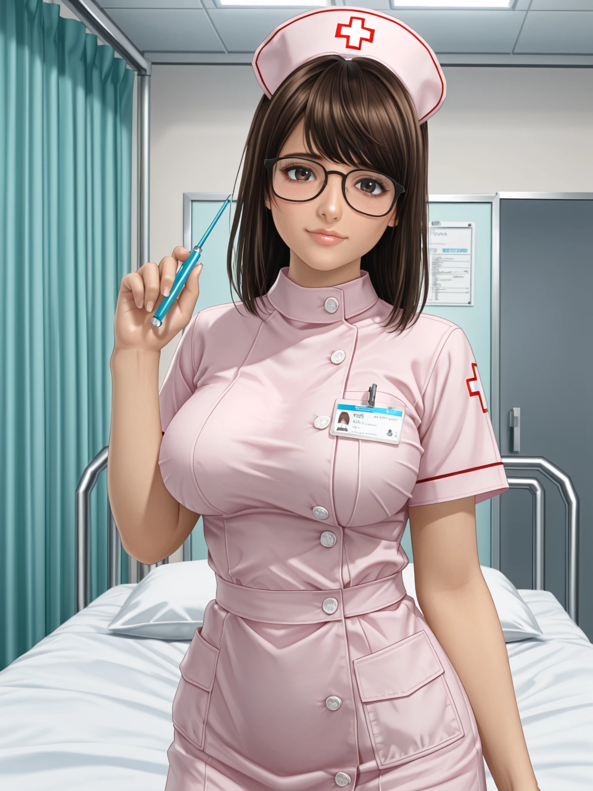 tsukushi \(doax vv\),brown hair,brown eyes,glasses,large breasts,nurse,