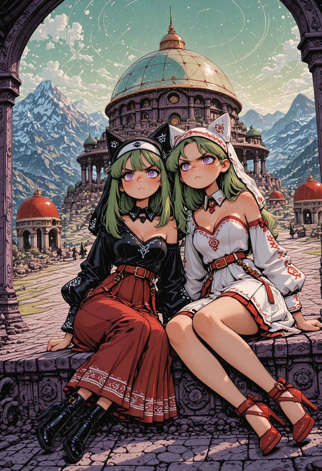[NewToonCore],2girls,freckles,dynamic pose,, green hair, long hair, animal ear headwear, purple eyes, angry, black mascara, single bare shoulder, black detached collar, white headband, strapless dress, puffy long sleeves, red skirt, high heels, red belt, yokozuwari sitting, (dutch angle:0.4), (dome:1.2), (mountain:1.15), street, shadows, [Panorama:Lineup:0.5], masterpiece, best quality, amazing quality, very aesthetic, absurdres,