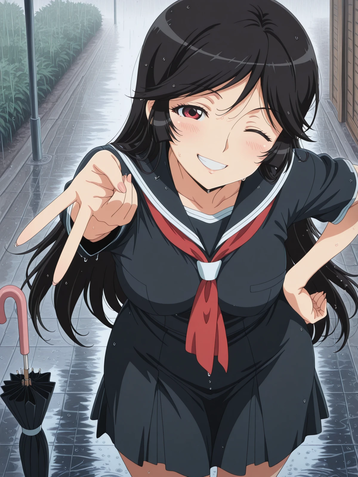 masterpiece, best quality, amazing quality,, <lora:reiri-kamura-s1-illustriousxl-lora-nochekaiser:1>, reiri kamura, long hair, black hair, red eyes, hime cut, mature female, medium breasts, anime screencap, serafuku, black serafuku, red neckerchief,, <lora:gyaru-v-illustriousxl-lora-nochekaiser:1>, gyaruv, solo, looking at viewer, blush, smile, teeth, one eye closed, grin, hand on own hip, v, leaning forward,, rainy day, umbrella, walking home, puddles, wet hair, cowboy shot, solo, looking at viewer,