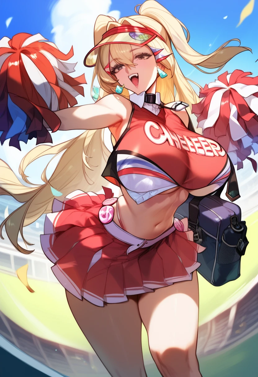 score_9, score_8_up, score_7_up, score_6_up, score_5_up, score_4_up, masterpiece, best quality, BREAK,
1girl,  <lora:Clay_Nikke_pony:1> claypony, long hair, blonde hair female, , cheerleader, visor cap, skirt, crop top,  pom pom (cheerleading)  <lora:Lucyla_Style:1>