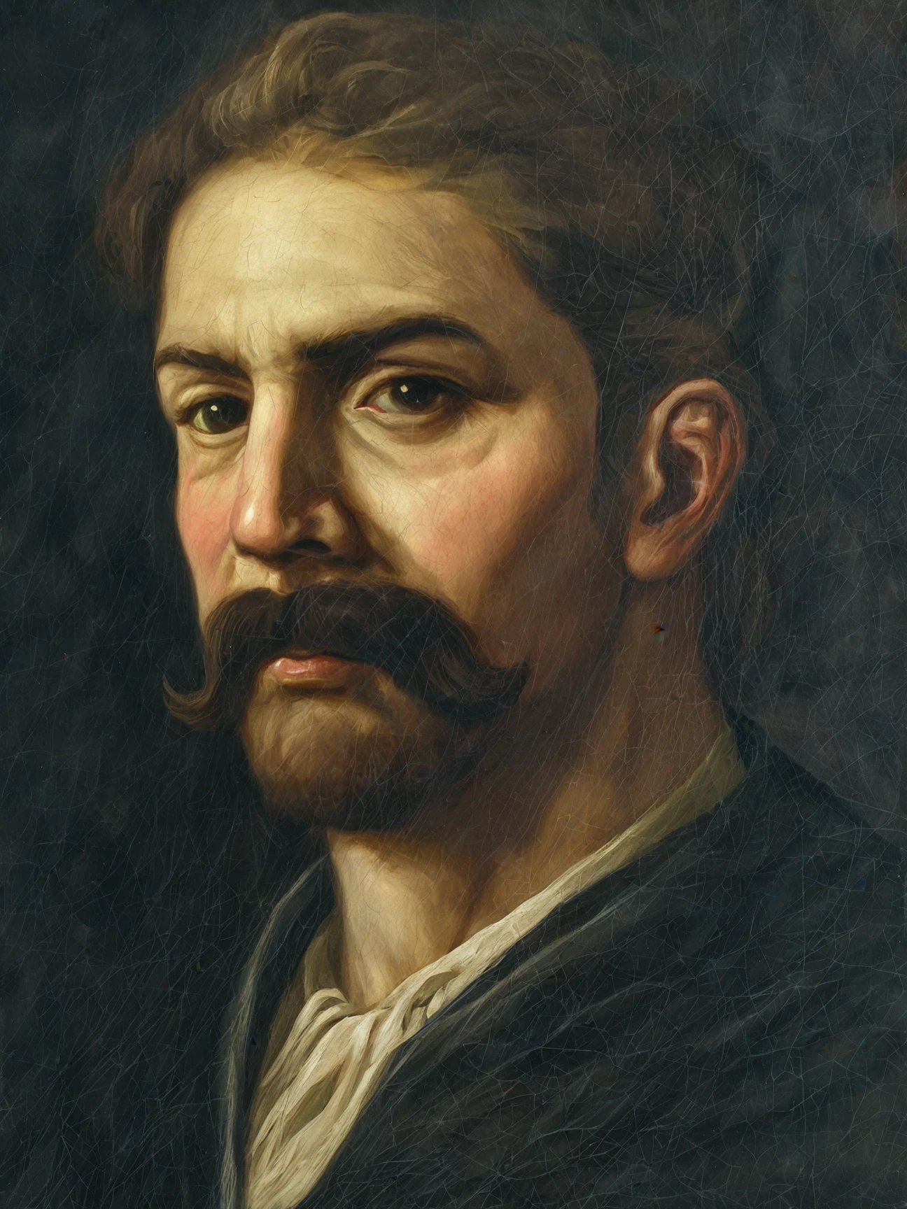 gothic style, masterpiece, best quality, absurdres, highres, safe, portrait, 1man, mature male, solo, mustache, manly, oil painting, traditional medium, dark, mysterious, haunting, dramatic, ornate, detailed