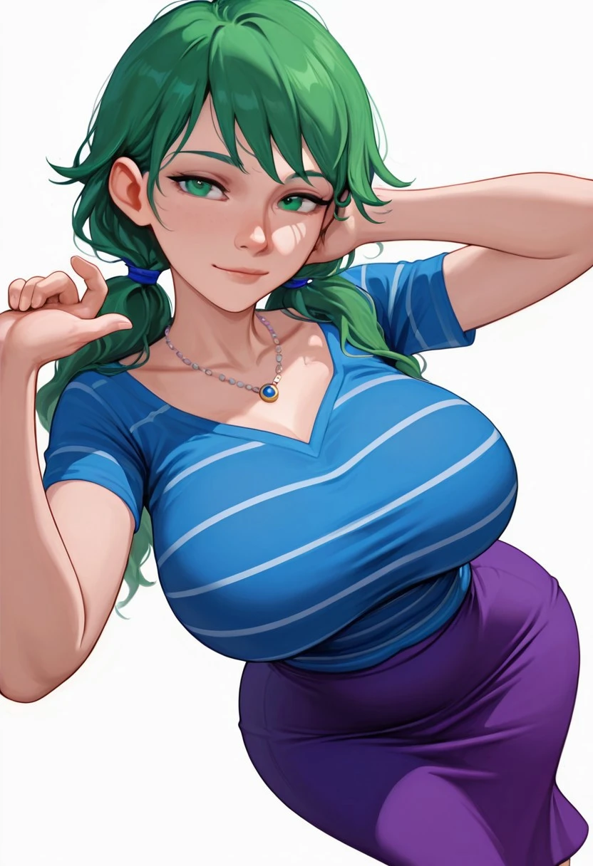 <lora:C4r0l1n3_sdv:1> score_9, score_8_up, score_7_up, score_6_up,  masterpiece, best quality, very awa, beautiful eyes, simple background, white background, upper body,      Dynamic pose, dynamic angle, feet out of frame, 
1girl, solo,standing,looking at viewer, light smile,     
caroline_sdv, green eyes, green hair, low-tied twintails, blue hair ties, necklace, jewelry, blue striped shirt, short sleeves, long purple skirt, , wide , mature female,