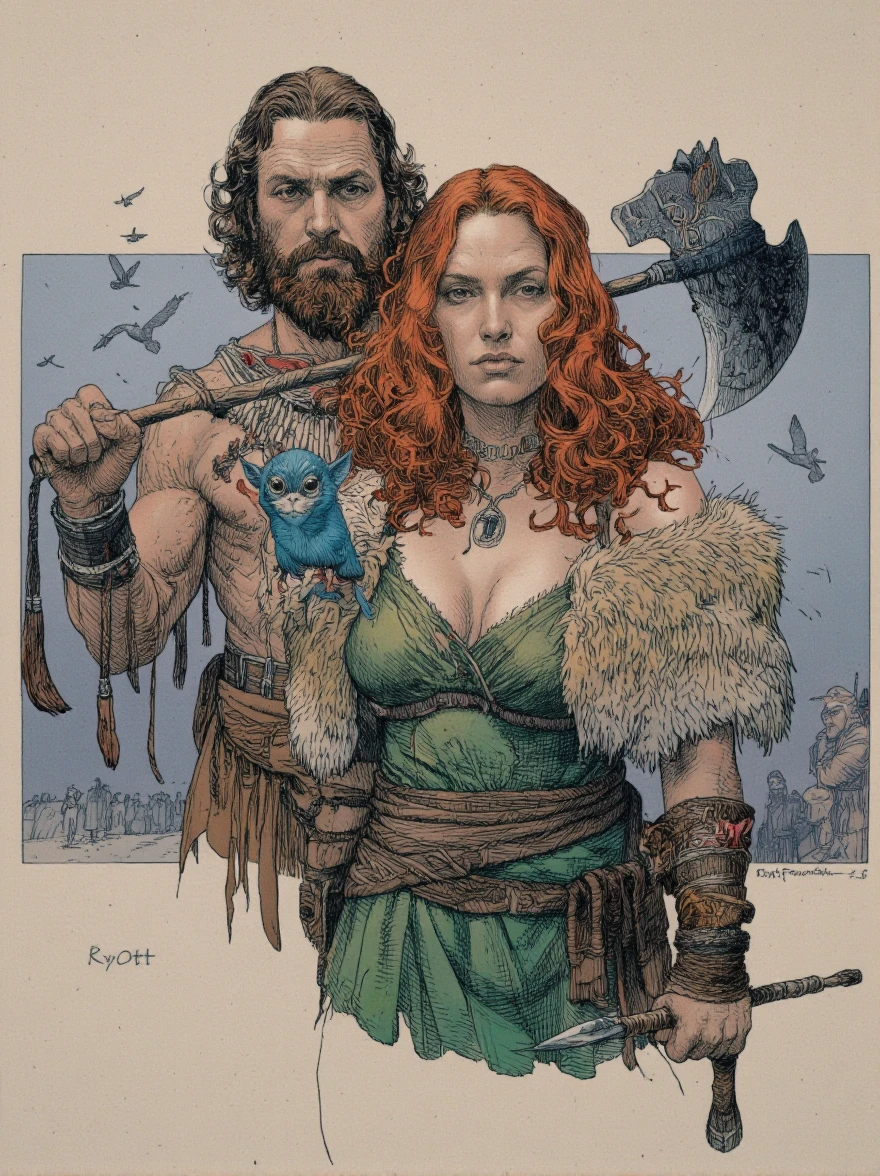 RyOtt style. A detailed, realistic digital illustration of a man and a woman with long, wavy red hair and a beard, both dressed in tribal clothing. The woman is wearing a green dress with a plunging neckline and a fur stole draped over her shoulders. She has a serious expression and is holding a spear in one hand and a small, blue creature perched on her shoulder. The man has a muscular build and is carrying a large axe. In the background, there are several birds flying in the air and a few other figures in the distance. The style is reminiscent of fantasy art, with bold lines and vibrant colors. The artist's signature is in the bottom left corner.