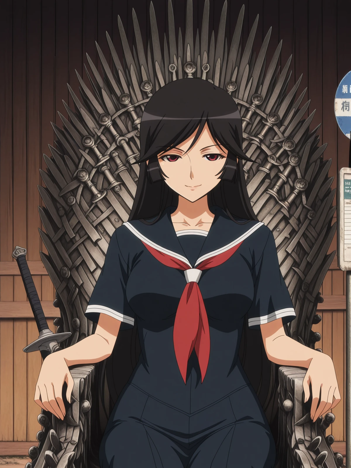 masterpiece, best quality, amazing quality,, <lora:reiri-kamura-s1-illustriousxl-lora-nochekaiser:1>, reiri kamura, long hair, black hair, red eyes, hime cut, mature female, , anime screencap, serafuku, black serafuku, red neckerchief,, <lora:iron-throne-illustriousxl-lora-nochekaiser:1>, iron throne, sitting, looking at viewer, sword, throne, sitting on throne, smile, cowboy shot, elbow rest, bus stop, waiting, benches, shelter, route, cowboy shot, solo, looking at viewer,