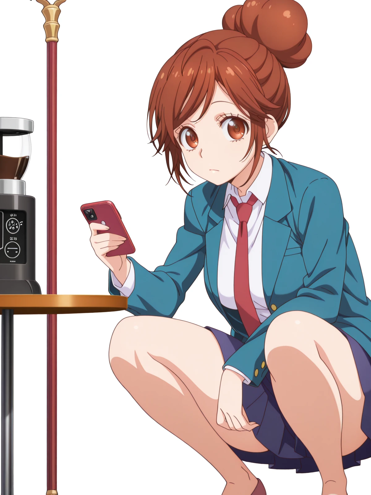 masterpiece, best quality, amazing quality,, <lora:natsuki-enomoto-movie-illustriousxl-lora-nochekaiser:1>, natsuki enomoto, short hair, brown hair, brown eyes, hair bun, single hair bun, swept bangs, mature female, medium breasts, anime screencap, skirt, jacket, pleated skirt, necktie, blazer, blue blazer, shirt, white shirt, collared shirt, red necktie, blue skirt,, <lora:slav-squatting-illustriousxl-lora-nochekaiser:1>, slav squatting, solo, looking at viewer, holding, closed mouth, full body, phone, squatting, cellphone, smartphone, holding phone,, staff room, table, chairs, coffee_machine, relaxation, cowboy shot, solo, looking at viewer, <lora:transparent-background-illustriousxl-lora-nochekaiser:1>, transparent background, simple background, white background