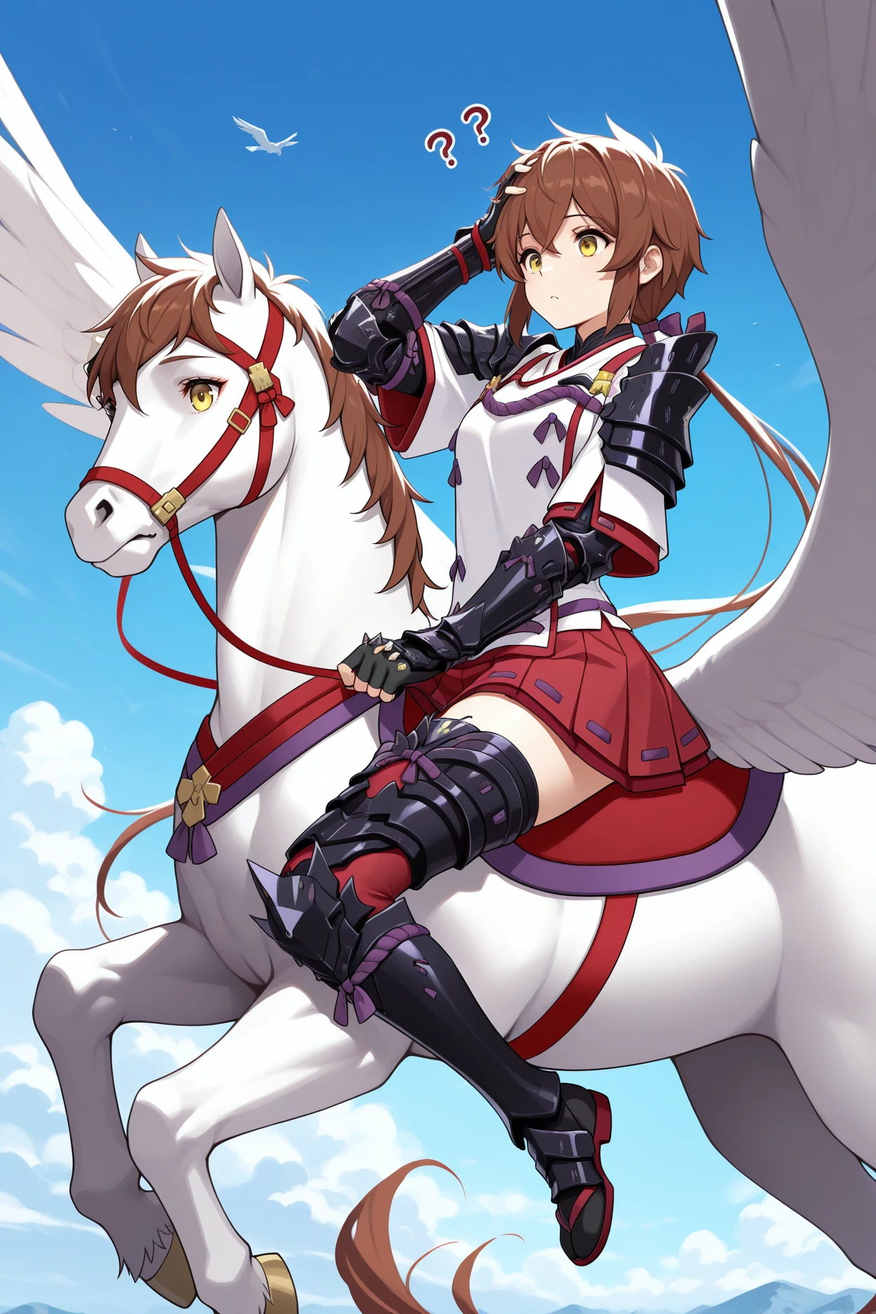 masterpiece, best quality, 1girl, solo, <lora:xclora-illu-nvwls-v1-000006:1> xclo, brown hair, low ponytail, hair between eyes, yellow eyes, black armor, shoulder armor, gauntlets, white tunic, ribbon trim, short sleeves, red skirt, pleated skirt, miniskirt, black gloves, fingerless gloves, elbow gloves, black thighhighs, armored boots, riding white pegasus, confused, hand on own head, blue sky, clouds, full body, midair