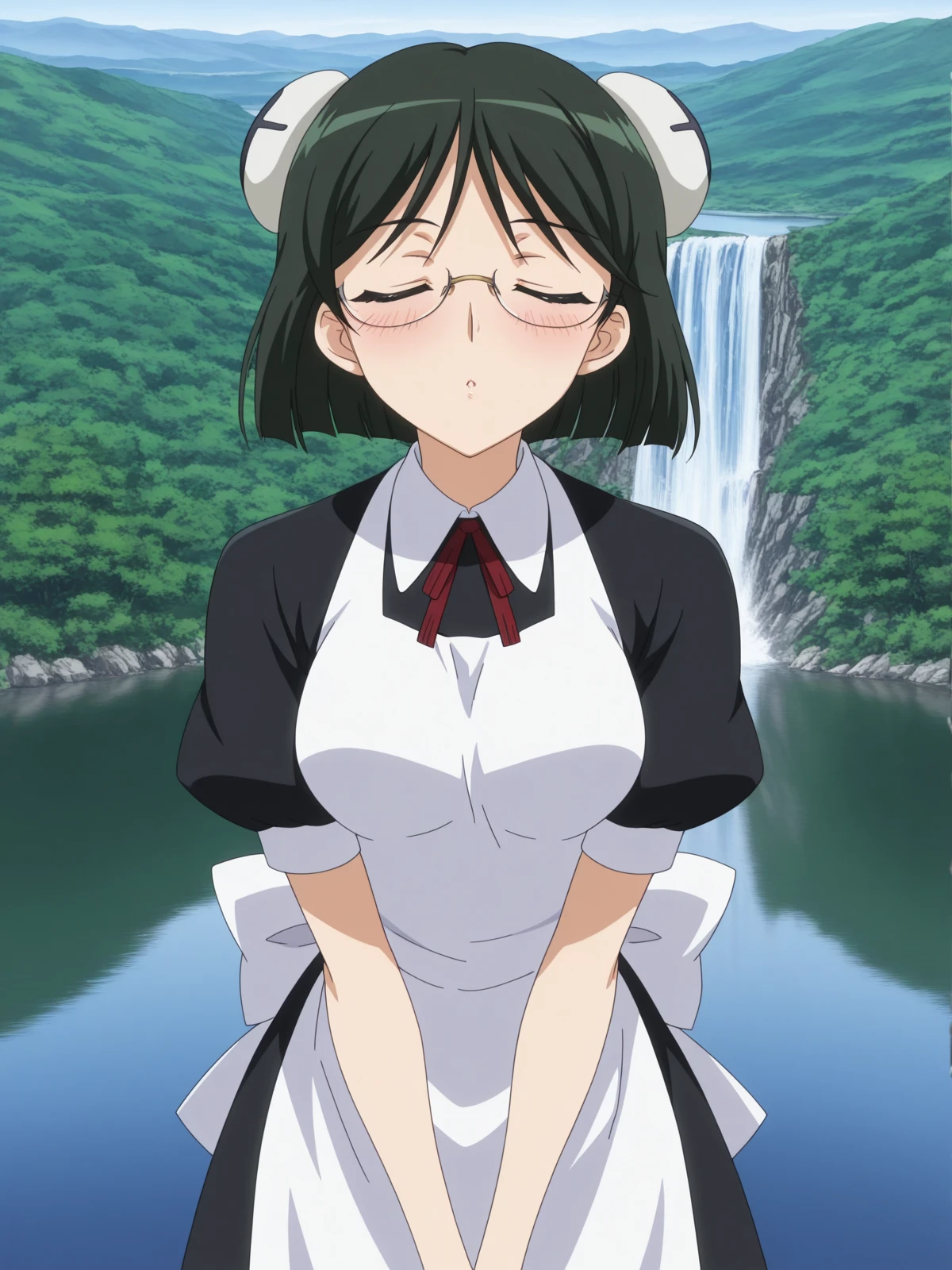 masterpiece, best quality, amazing quality,, <lora:kaibutsuoujo-francisca-s1-illustriousxl-lora-nochekaiser:1>, francisca, short hair, black hair, green eyes, green hair, glasses, bun cover, mature female, medium breasts, anime screencap, apron, maid,, <lora:incoming-kiss-illustriousxl-lora-nochekaiser:1>, incoming kiss, closed eyes, blush, pov, upper body, water, lake, river, waterfall, natural, cowboy shot, solo, looking at viewer,
