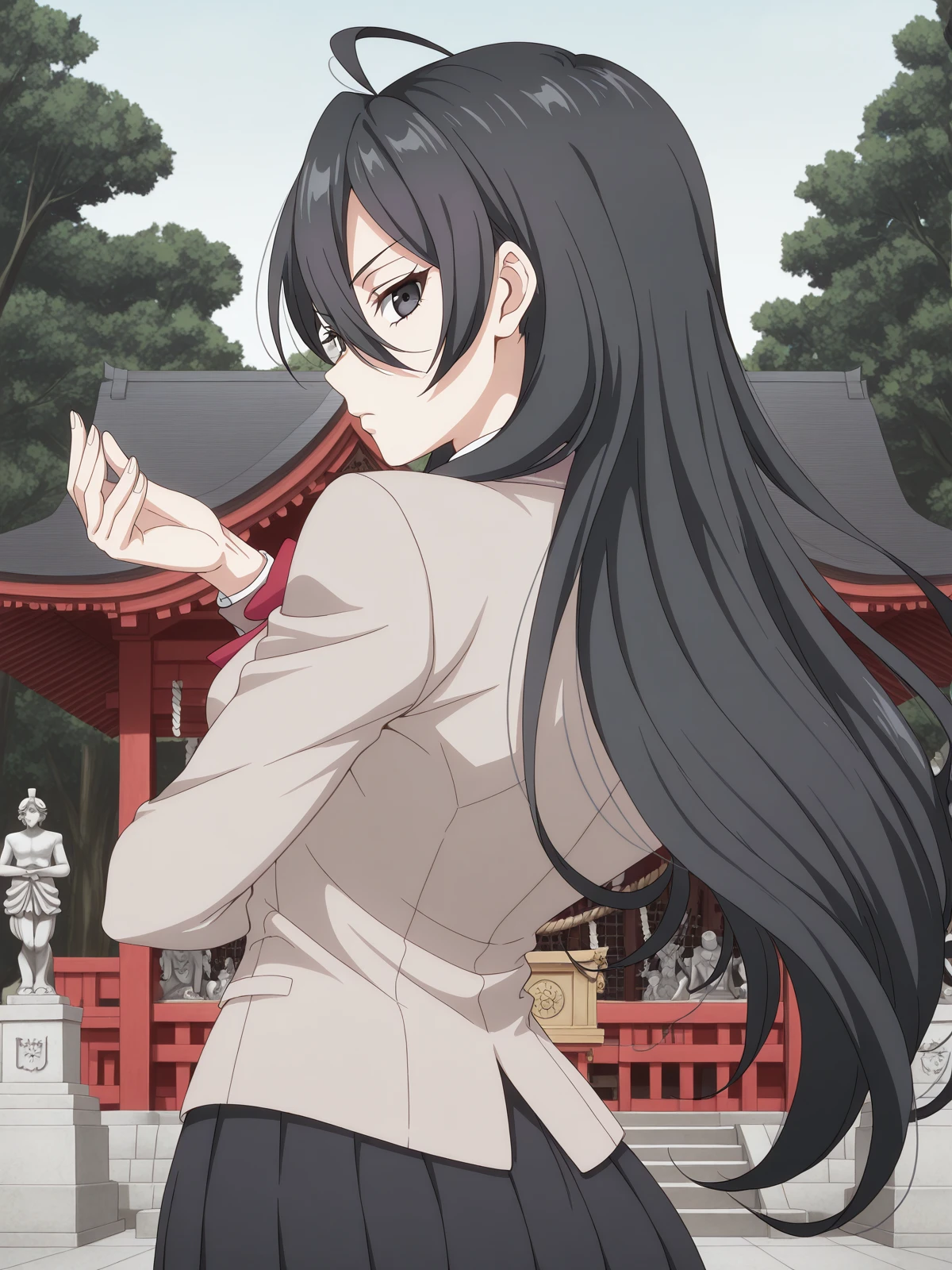 masterpiece, best quality, amazing quality,, <lora:ayano-kimishima-s1-illustriousxl-lora-nochekaiser:1>, ayano kimishima, black hair, black eyes, ahoge, long hair, hair between eyes, mature female, small breasts, anime screencap, shirt, bow, jacket, white shirt, collared shirt, bowtie, red bow, blazer, red bowtie, black skirt, pleated skirt,, <lora:dio-brandos-pose-illustriousxl-lora-nochekaiser:1>, dio brandos pose, dio brando's pose (jojo), from behind, jojo pose, standing, upper body, shrine, holy, statues, trees, sacred, cowboy shot, solo, looking at viewer,