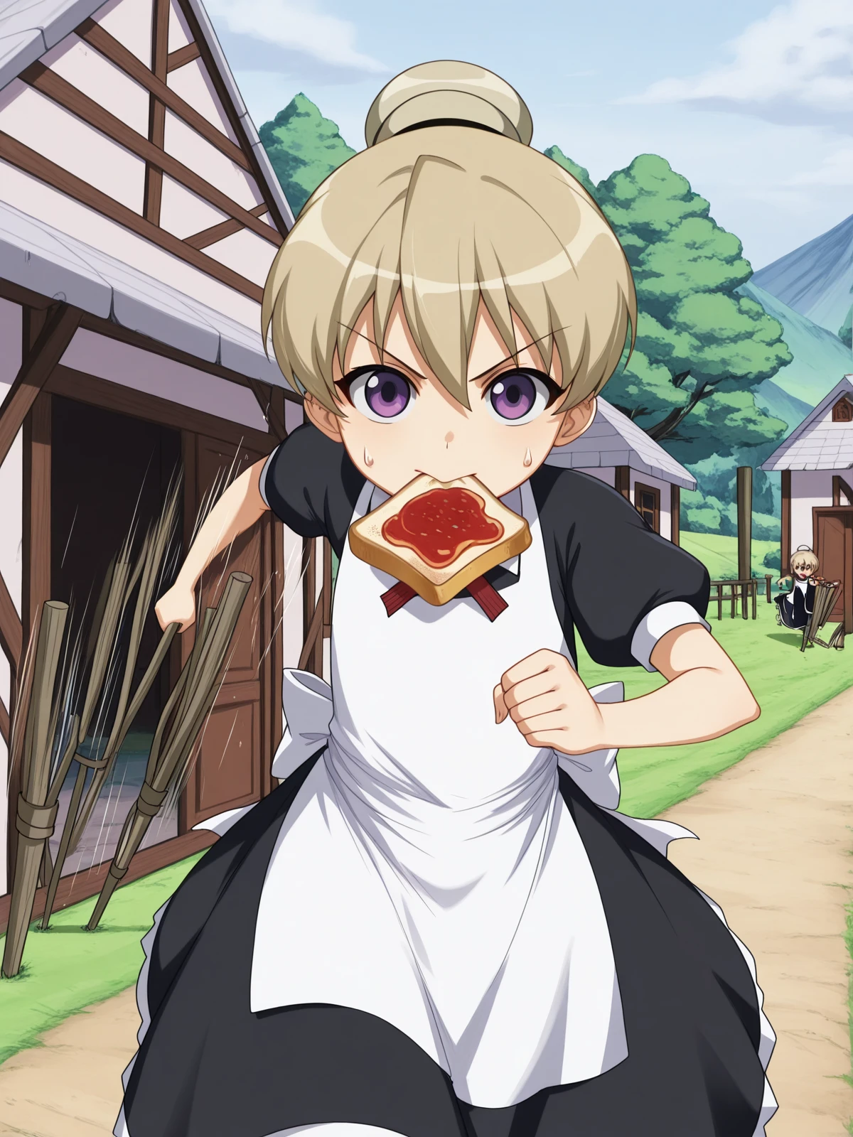 masterpiece, best quality, amazing quality,, <lora:kaibutsuoujo-flandre-s1-illustriousxl-lora-nochekaiser:1>, flandre, short hair, blonde hair, purple eyes, hair bun, anime screencap, apron, maid,, <lora:food-in-mouth-running-illustriousxl-lora-nochekaiser:1>, food in mouth running, food in mouth, running, bread, bread slice, food, toast in mouth, toast, sweatdrop, motion lines, motion blur, outdoors,, stilt house, tall, water, unique, support, cowboy shot, solo, looking at viewer,