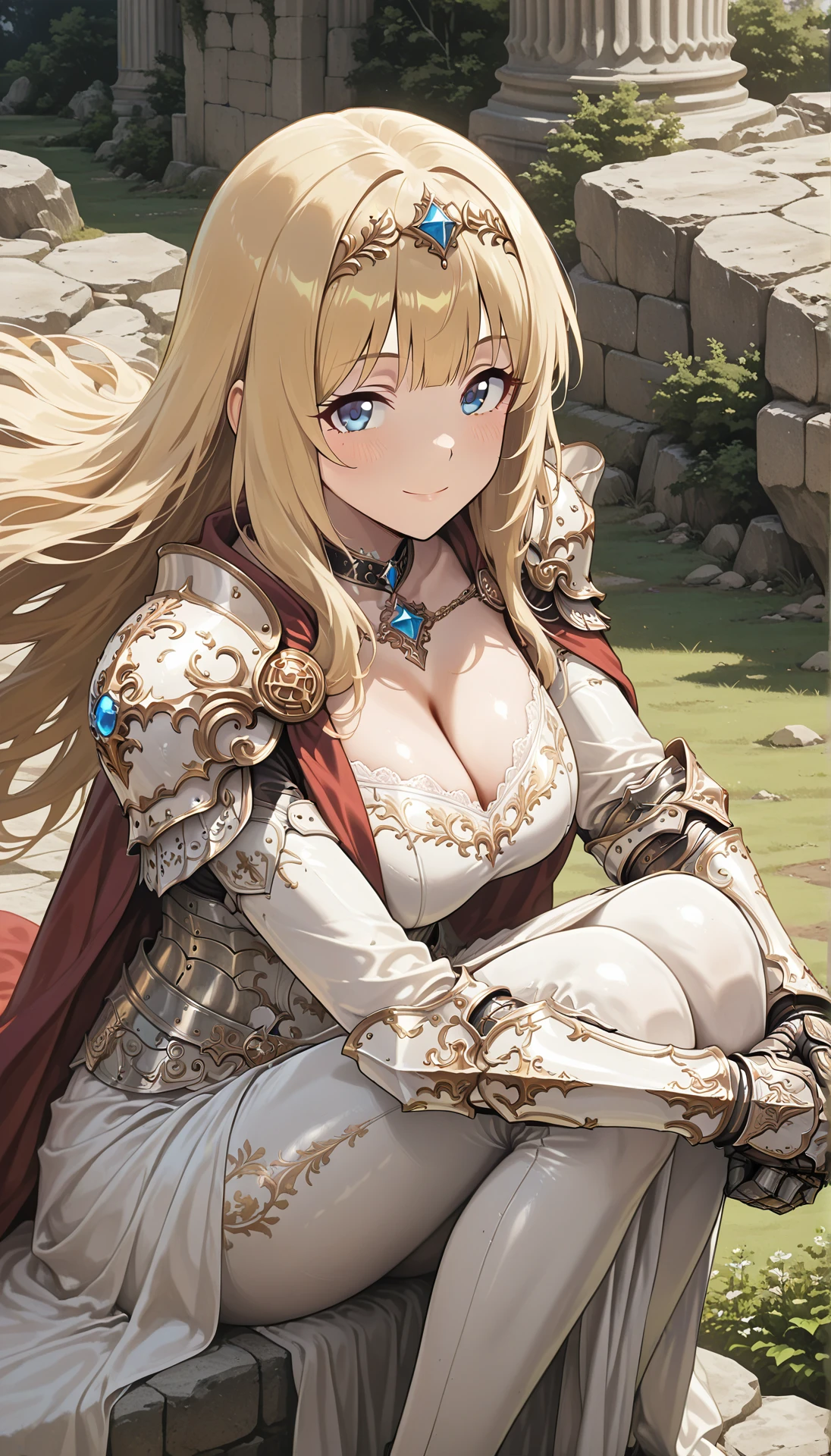 1girl,
medium depth of field, rule of thirds, masterpiece-level, clean lines, sharp, focused subject, minimalistic composition, amazing quality, detailed face, detailed eyes, detailed outfit, face focus, ultra-detailed, best hands, Princess Connect game style, official art clothes, BREAK SarenYP, cleavage, breasts, gauntlets, shoulder armor, bodysuit, beautiful face, white armor, ornate lace, extreme detailed ornate armor, diamond girdle, gemstone choker, skinny tattoo, luxurious tattoo, (large breasts:1.2), sagging breasts, from side, from above, sitting, hugging own legs, knees arms support, floating hair, happy, light smile, looking at viewer, (Ruins:1.1), (stone pillars:1.1), (bushes:1.1), pauldrons, blurry, armor,
A young woman with long blonde hair and blue eyes. she is wearing a white dress with intricate patterns and designs on it. the dress has a high neckline and long sleeves, and she is holding a sword in her right hand. the background is filled with greenery and trees, creating a peaceful and serene atmosphere. the woman appears to be standing in front of a stone wall, and there are several pillars on either side of her. the overall mood of the image is one of strength and power.
masterpiece, best quality, very aesthetic, best quality, anime screencap, highres, general
<lora:hinaIllustrious2ArmorMix_v13:0.8>