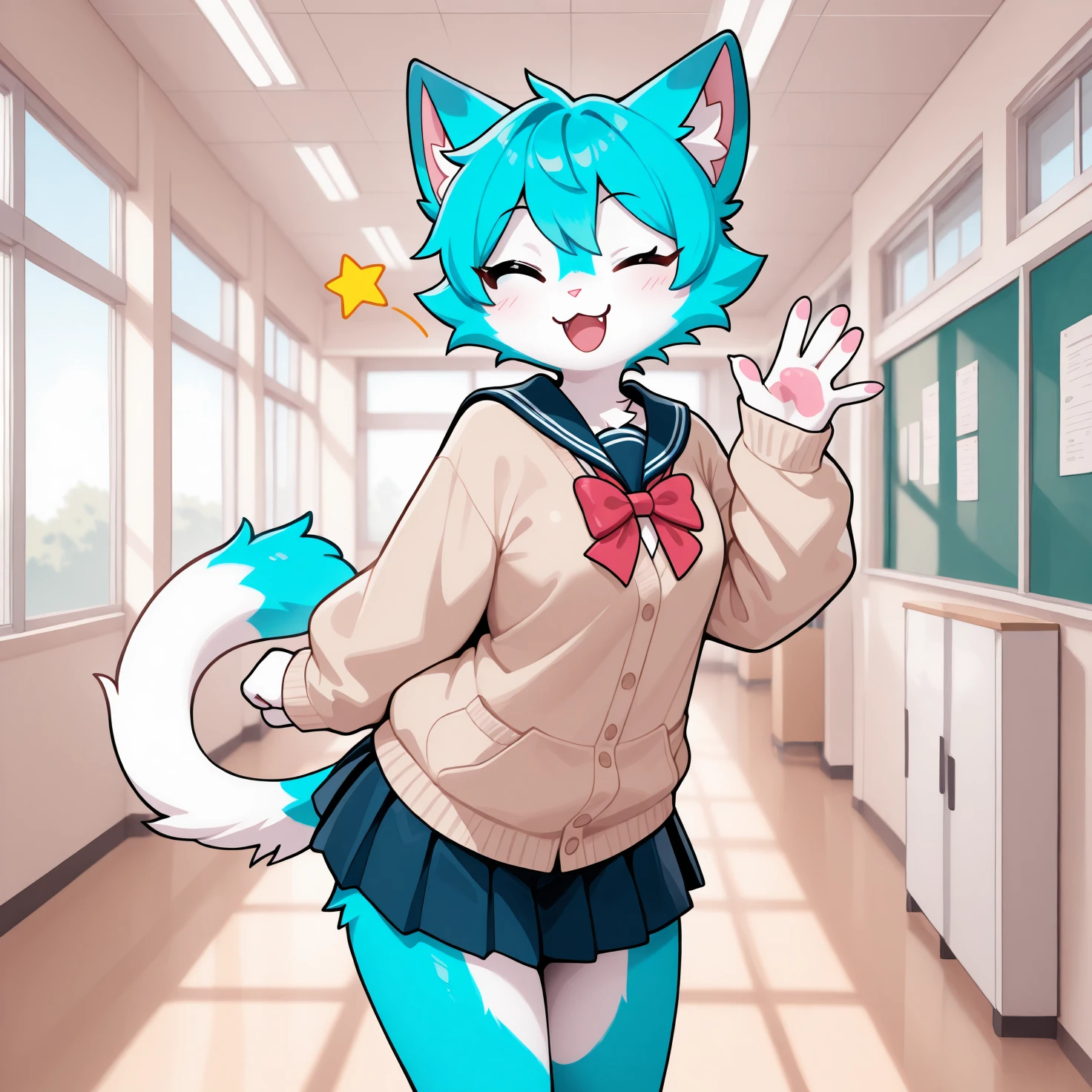 masterpiece, very absurdres, furry, cat, pose, wink, waving, indoors, school, blue fur, white fur, star, clothed