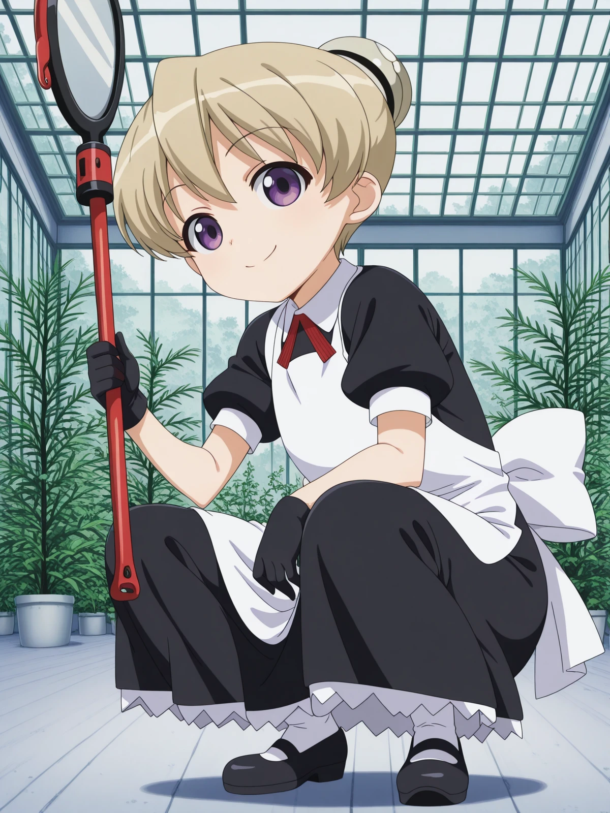 masterpiece, best quality, amazing quality,, <lora:kaibutsuoujo-flandre-s1-illustriousxl-lora-nochekaiser:1>, flandre, short hair, blonde hair, purple eyes, hair bun, anime screencap, apron, maid,, <lora:slav-squatting-illustriousxl-lora-nochekaiser:1>, slav squatting, solo, looking at viewer, smile, gloves, holding, full body, squatting, looking at viewer, greenhouse, plants, glass, warm, growth, cowboy shot, solo, looking at viewer,