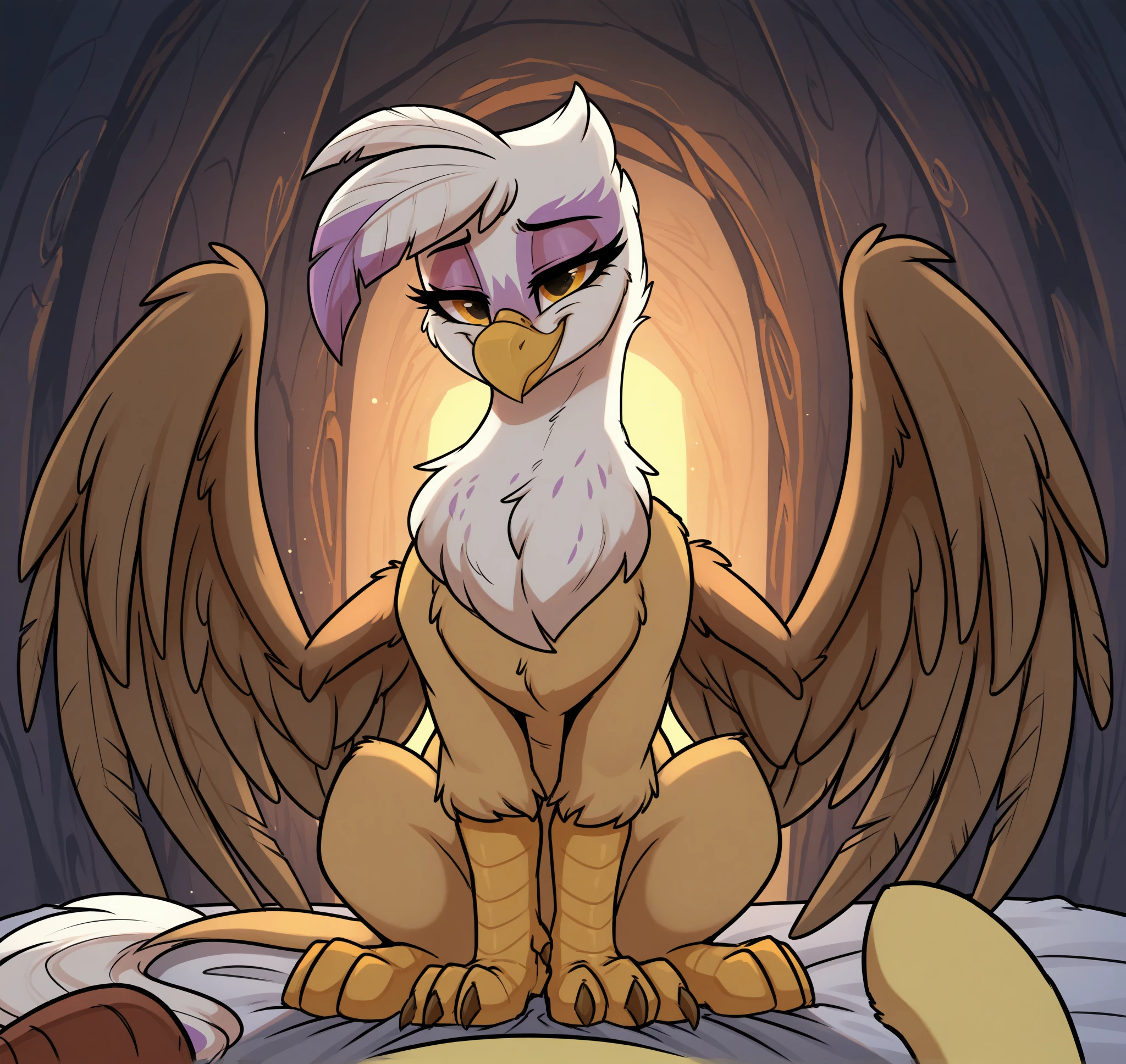 <lora:Light262_Style_Illustrious_r1:0.8> light262, light-cavern, masterpiece, best quality, 2024, 2023, hi res, hasbro, my little pony, gilda, griffon, feral, paws, feathered wings, beak, tail tuft, gryphon, quadrupedal, claws, sitting on bed, teats, BREAK detailed background at sire's hollow, pov, first-person view, relieved, exhale, relaxed shoulders, slight smile